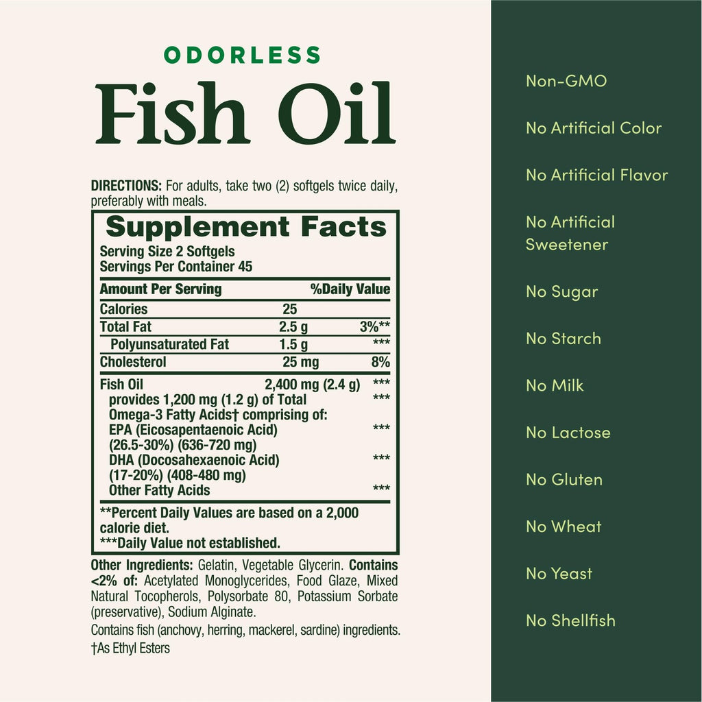 Nature's Bounty Odorless Fish Oil, 1200mg Omega-3 per Serving Including EPA & DHA, Supports Heart Health, Purified to Eliminate Mercury, Coated Softgels, Gluten Free, No Shellfish, 90 Ct
