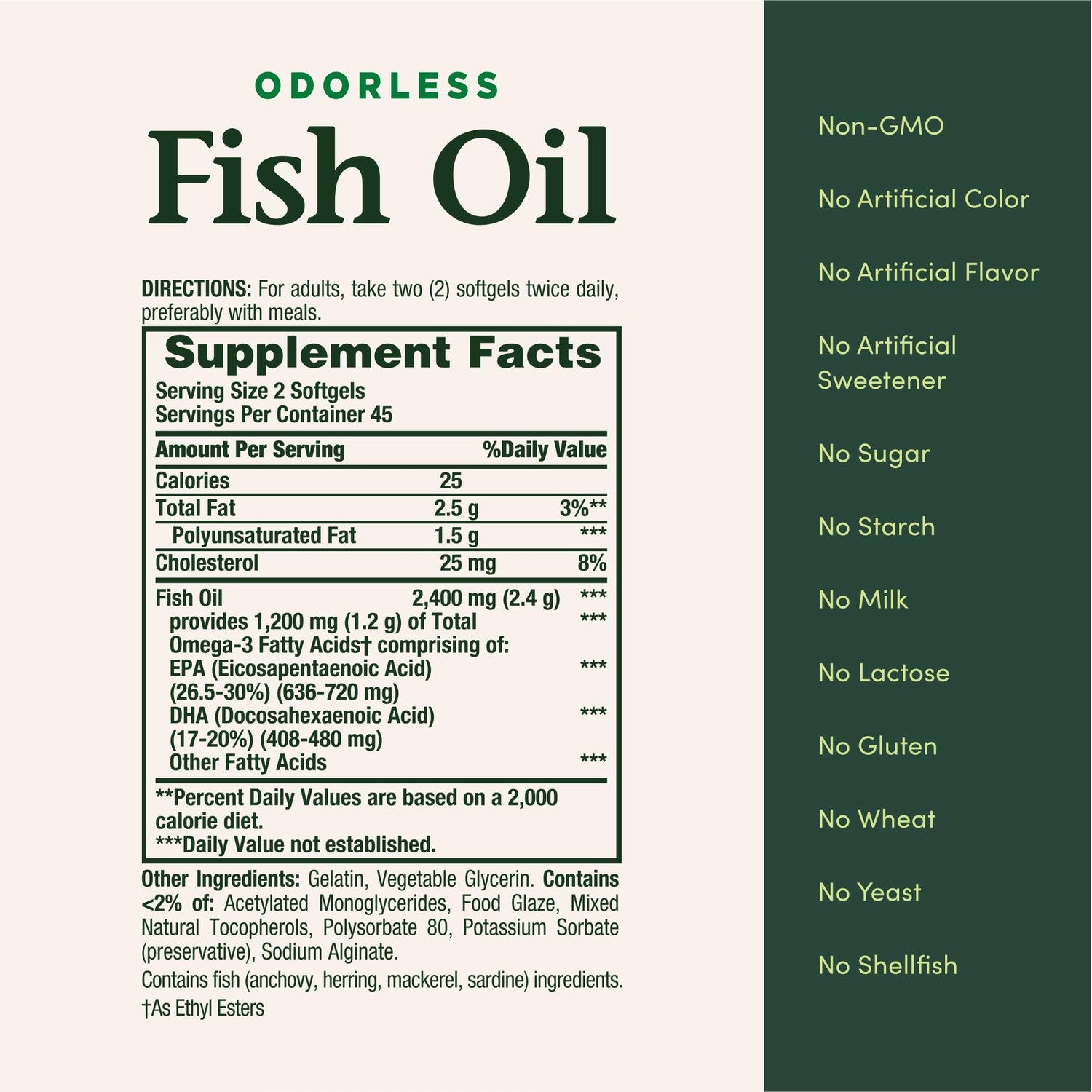 Nature's Bounty Odorless Fish Oil, 1200mg Omega-3 per Serving Including EPA & DHA, Supports Heart Health, Purified to Eliminate Mercury, Coated Softgels, Gluten Free, No Shellfish, 90 Ct