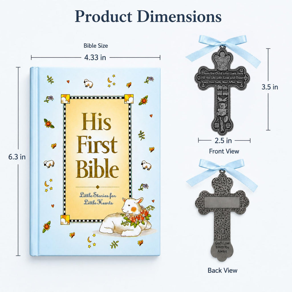Baby Boy First Bible and 4" Pewter Baptism Guardian Angel Crib Cross (Original Version)-L8