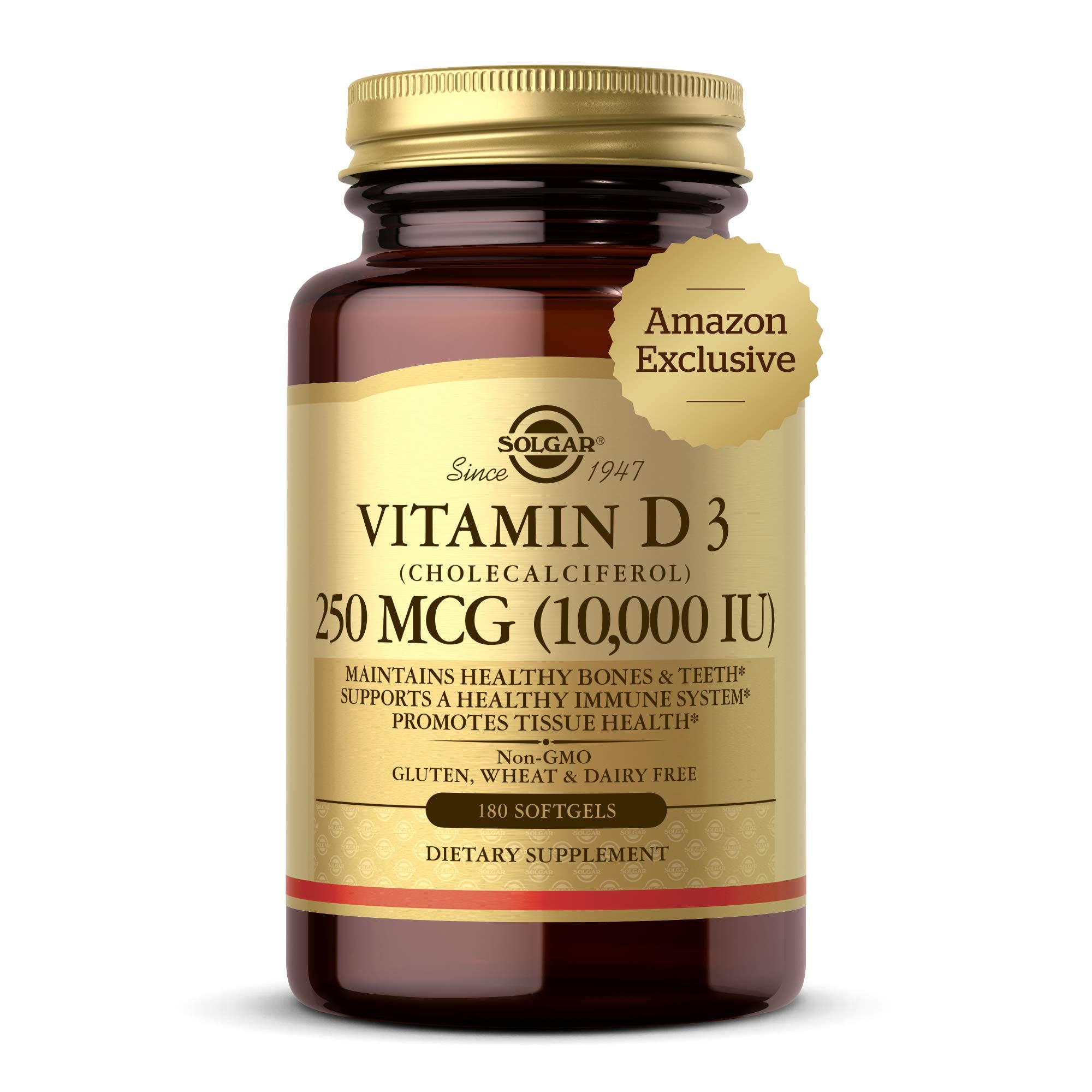 Solgar Vitamin D3 (Cholecalciferol) 250 MCG (10,000 IU), 120 Softgels - Helps Maintain Healthy Bones & Teeth - Immune System Support - Non GMO, Gluten/ Dairy Free - 120 Servings