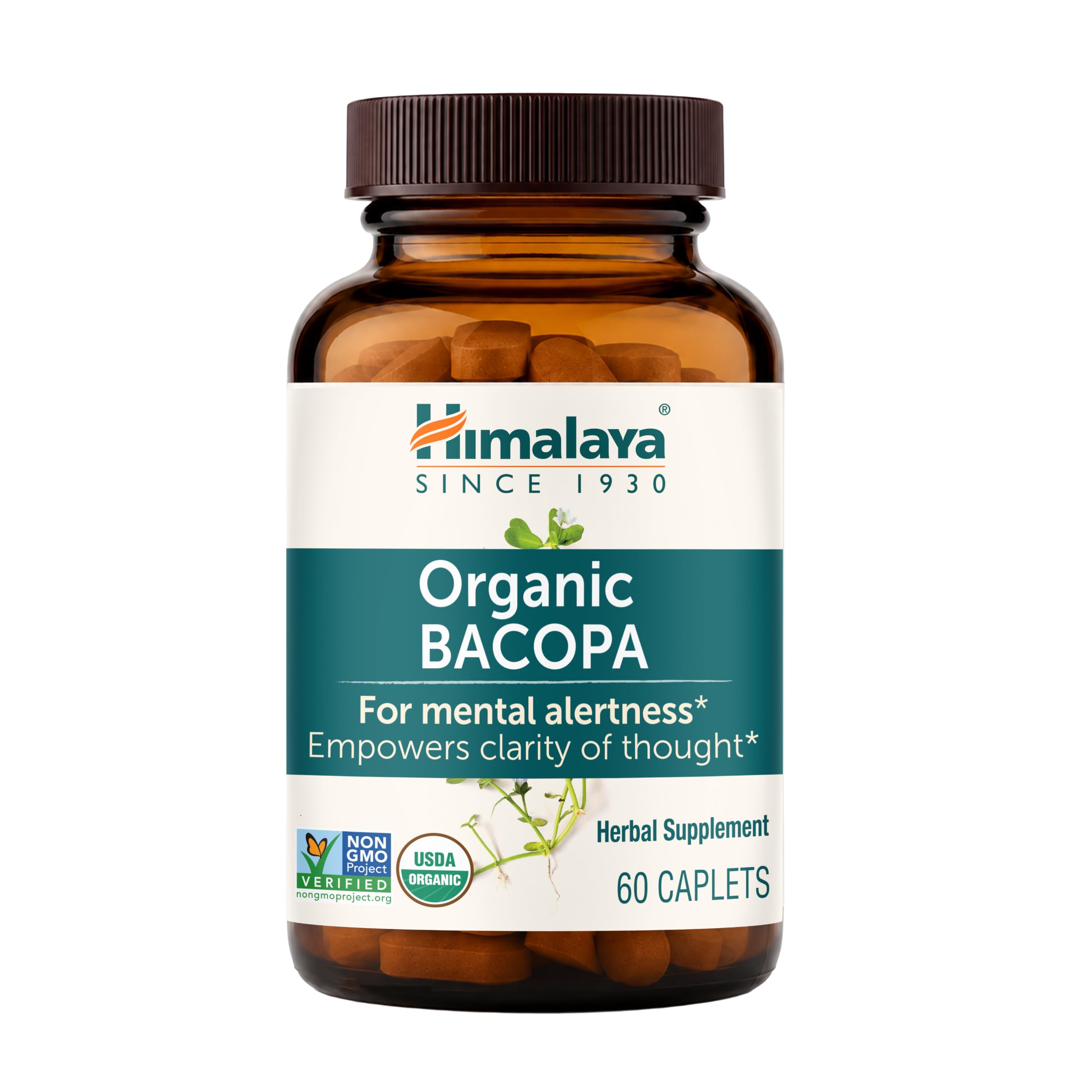 Himalaya USDA Organic Bacopa Monnieri Supplement,750 mg,60 Caplets | For Mental Alertness, Supports Calm, Memory & Cognition, Nootropic Herbal Supplement, Bacopa Extract Brahmi - Non-GMO, Vegan