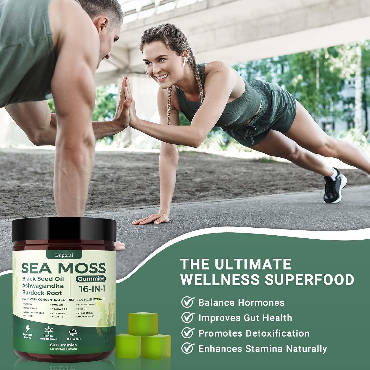 Sea Moss Gummies 16-1, Black Seed Oil Ashwagandha Turmeric Bladder Wrack Vitamin C Vitamin D3 Elderberry Manuka Dandelion Yellow Dock Apple Cider Vinegar for Men & Women