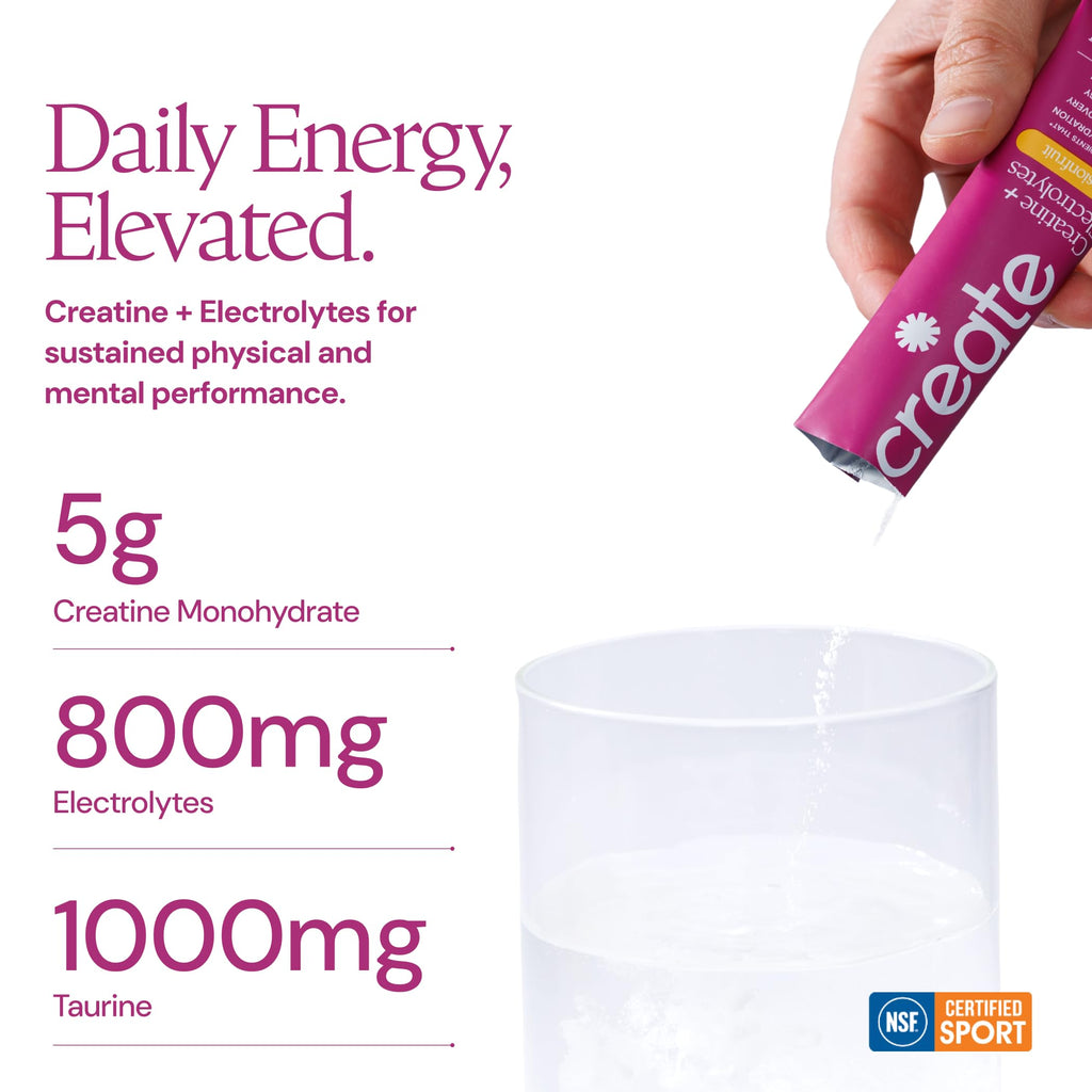 Create Creatine + Electrolytes – Energy & Strength – Variety Pack | NSF Certified for Sport – Daily Hydration Mix, 30 Sugar-Free Stick Packs with 1000mg Taurine, Supports Recovery & Endurance