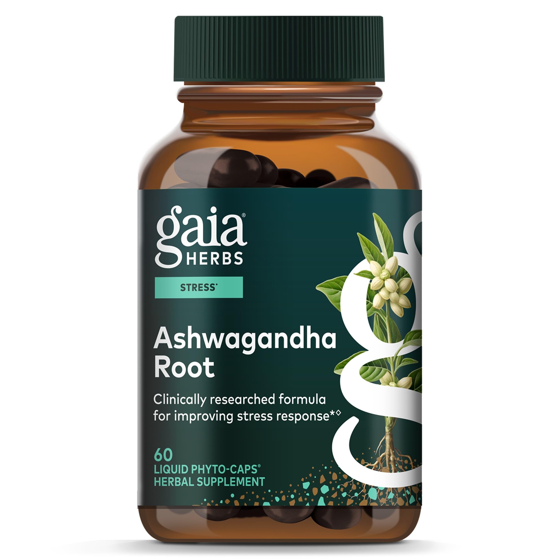 Gaia Herbs Ashwagandha Root 350 mg - Supports Balanced Energy Levels & Positive Outlook*- Supports Healthy Cortisol Balance* - 60 Vegan Liquid Phyto-Caps (30 Servings)