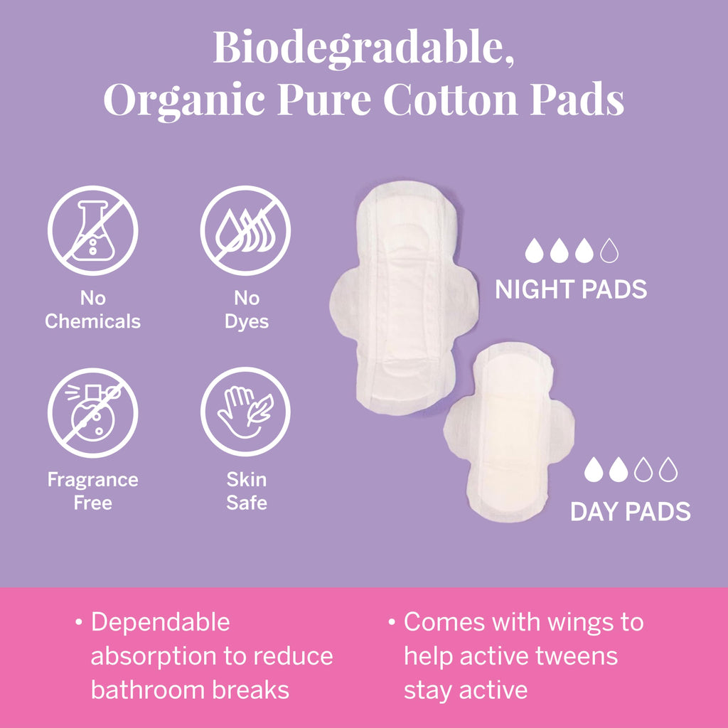 Pixie First Period Kit for Girls 9-12 - Best Organic Cotton Teen Pads with Wings - Period Tracking Bracelet & Discreet Crossbody Bag - On-the-Go Tween Starter Kit & Feminine Care Hygiene Essentials