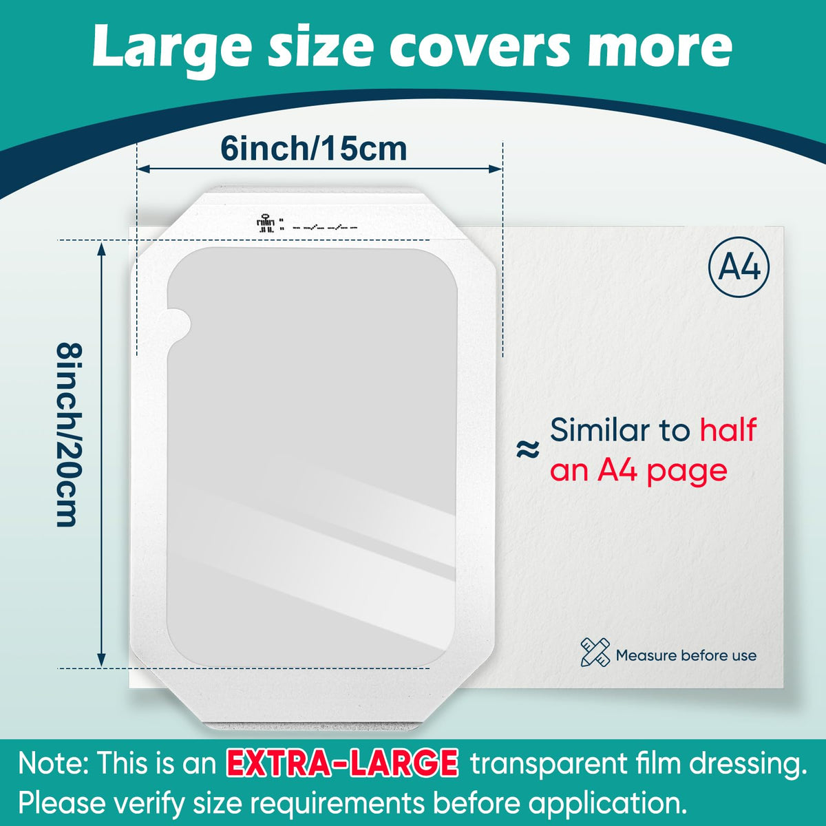 Transparent Film Dressing 6'' x 8'' Box of 12, Waterproof Bandages