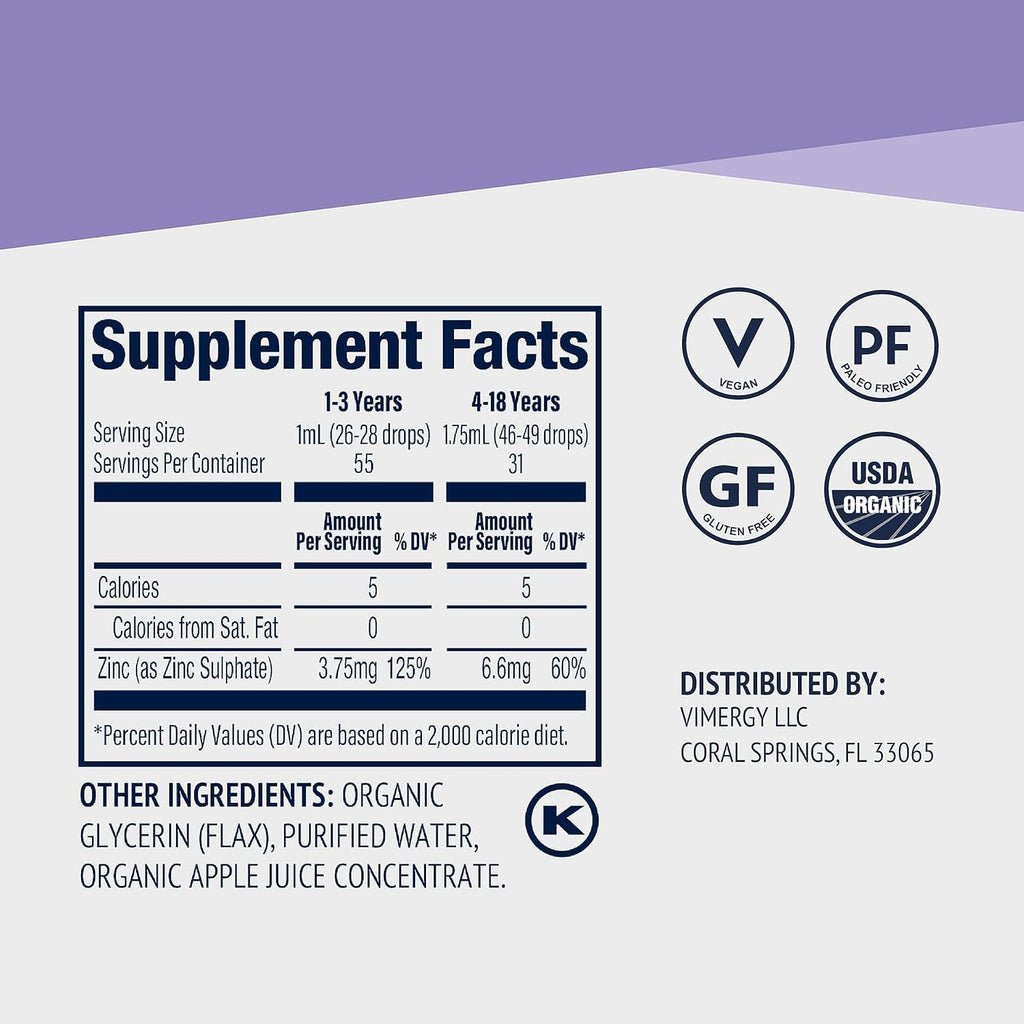 VIMERGY Kids Liquid Zinc Supplement, Organic Non-GMO, 55 mL, 31+ Servings