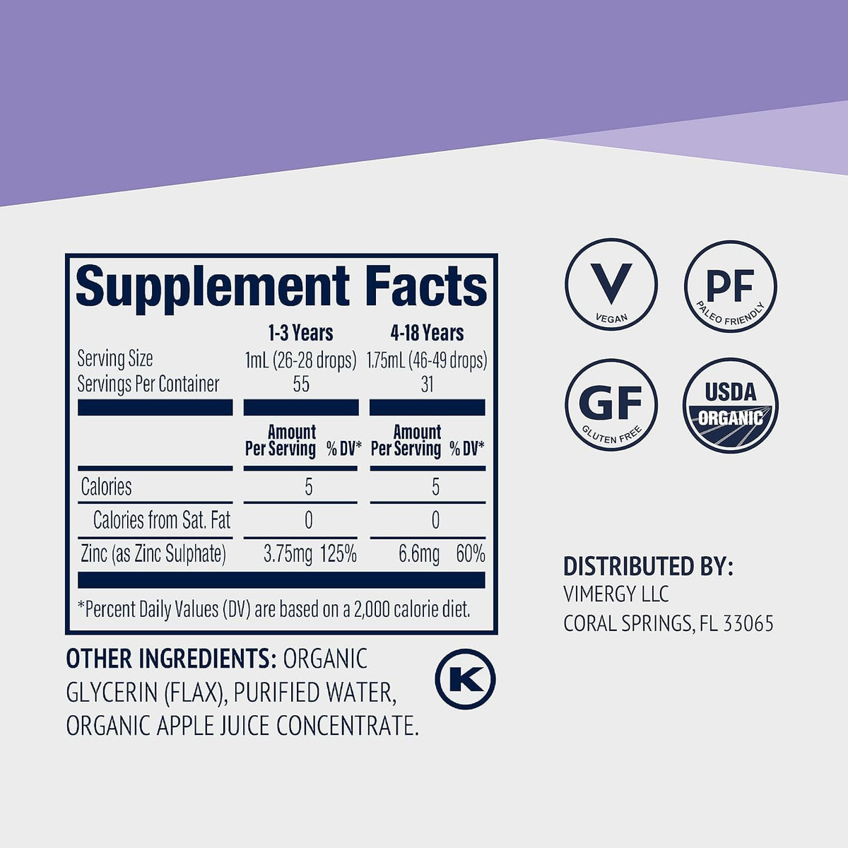 VIMERGY Kids Liquid Zinc Supplement, Organic Non-GMO, 55 mL, 31+ Servings