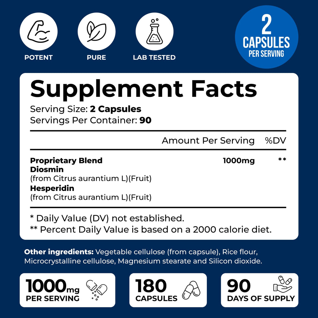 Diosmin Hesperidin 1000mg for Leg Circulation & Vein Support*, 180 Capsules | Diosmin & Hesperidin - 90 Day Supply Of Easy-To-Swallow Capsules For Vein Health, Capillaries & Lymphatic Flow