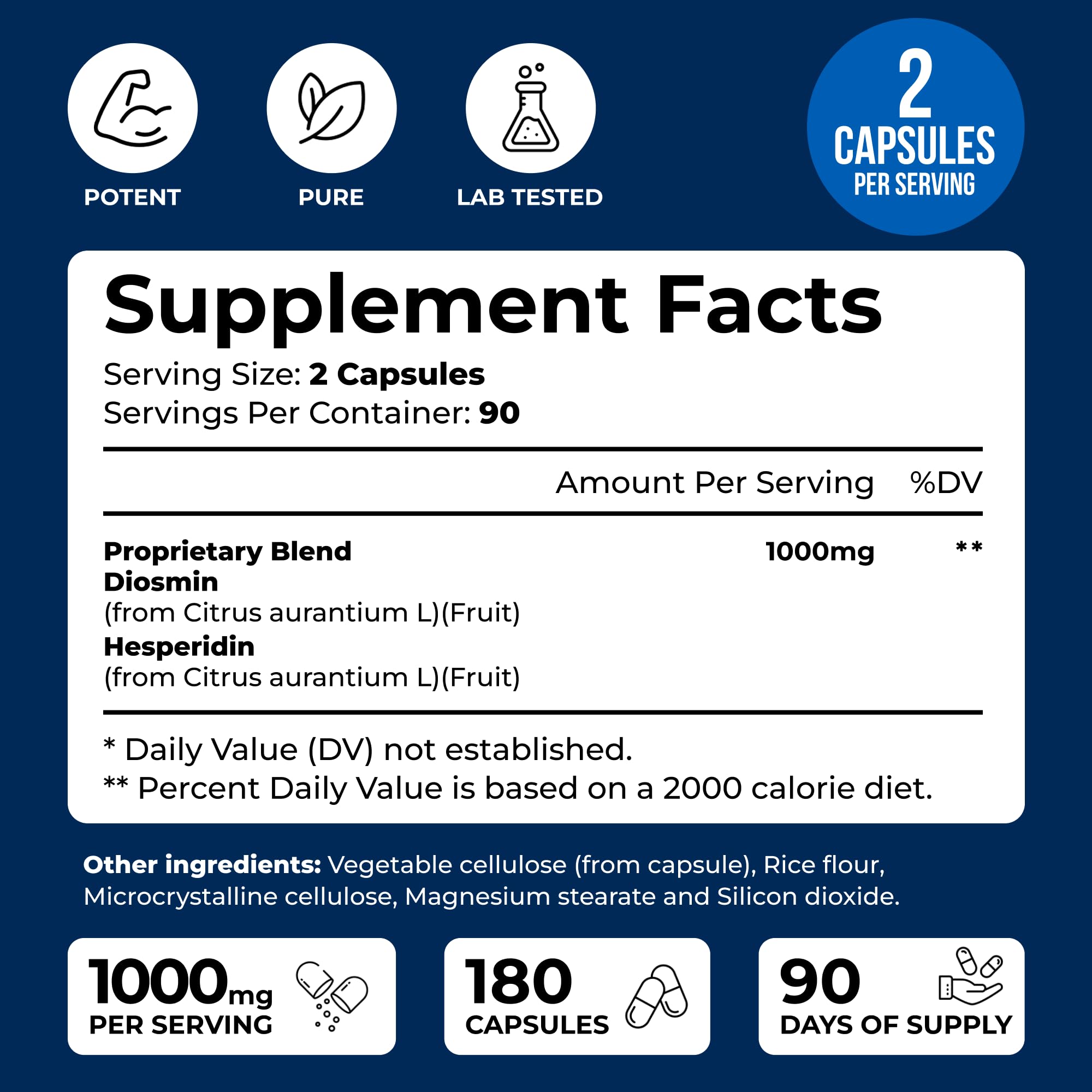 Diosmin Hesperidin 1000mg for Leg Circulation & Vein Support*, 180 Capsules | Diosmin & Hesperidin - 90 Day Supply Of Easy-To-Swallow Capsules For Vein Health, Capillaries & Lymphatic Flow
