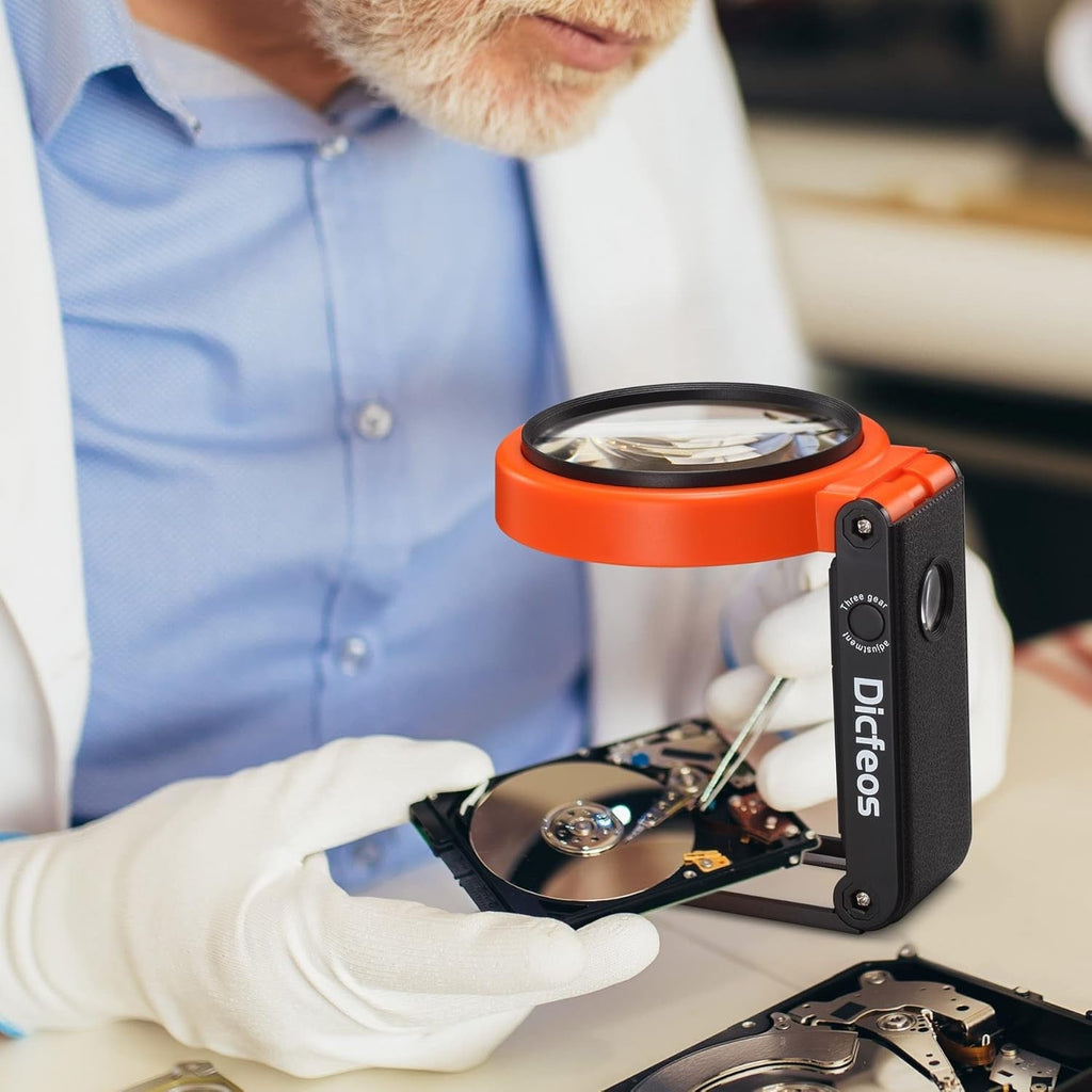 Buy now Dicfeos 30X 40X Magnifying Glass with Light and Stand, Non-Rechargeable, Folding Design 32 LED Illuminated for Close Work, Handheld Large Glasses Reading, Powered by Battery or USB at indiglob india