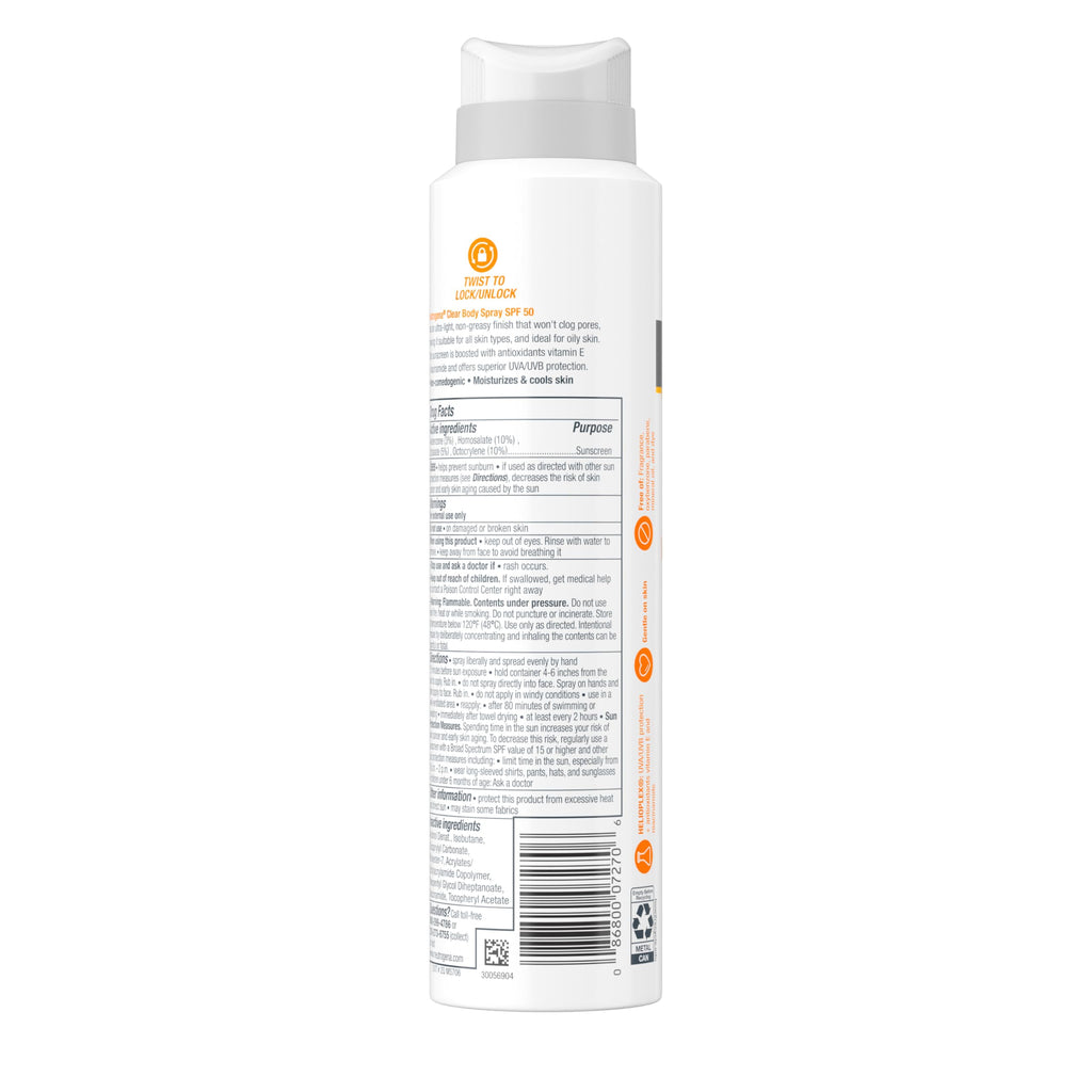 Buy now Neutrogena Clear Body SPF 50 Sunscreen Spray, Non-Greasy, Broad Spectrum Full Body Sunscreen Ideal for Oily Skin Moisturizes & Cools, Non-Comedogenic Spray Sunscreen, Oxybenzone-Free, 5 oz at indiglob india