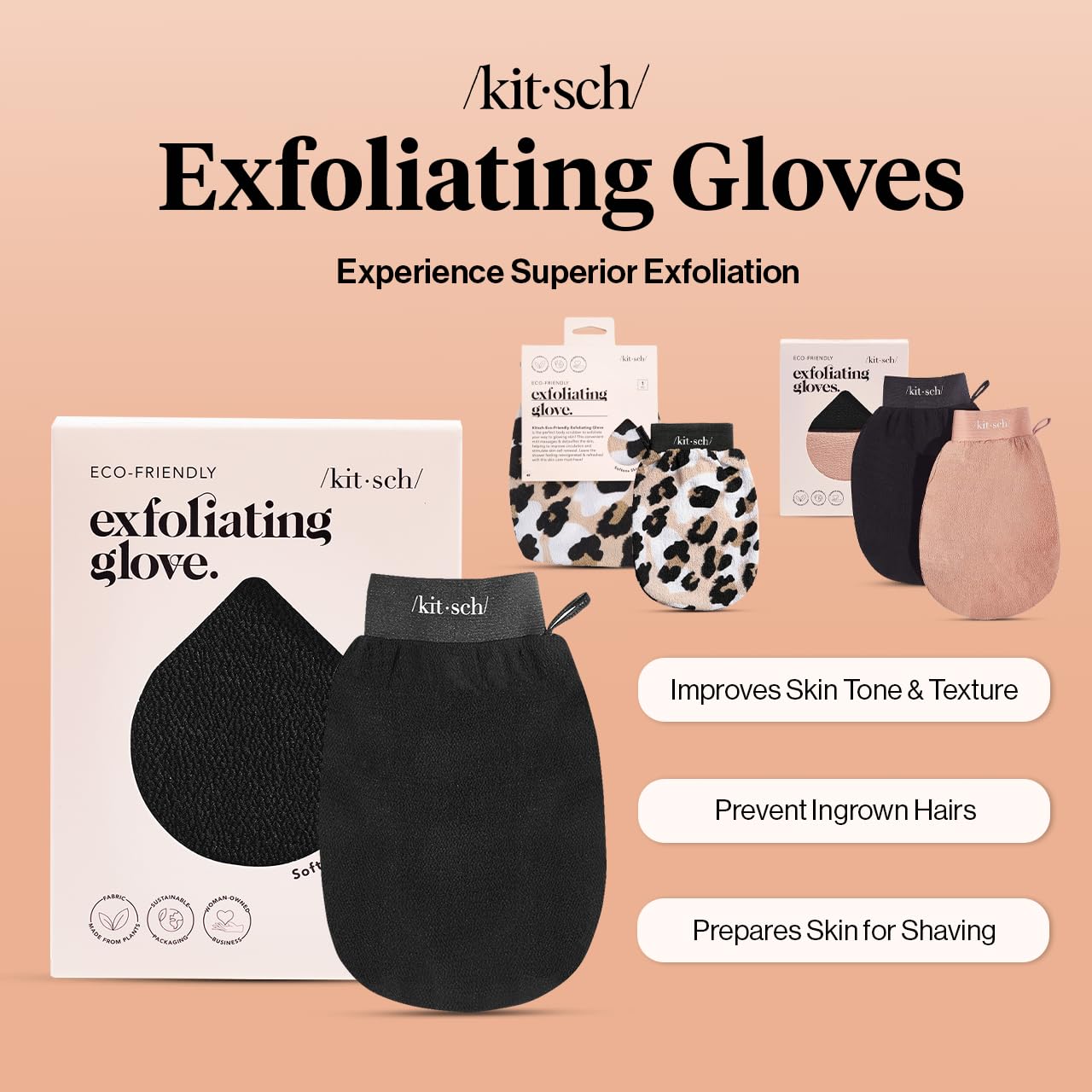 Kitsch Exfoliating Glove 1pc – Exfoliating Mitt - Black | Korean Exfoliating Mit & Deep Exfoliating Body Scrubber for Shower, Bath | Body Exfoliator Glove, Dead Skin Remover