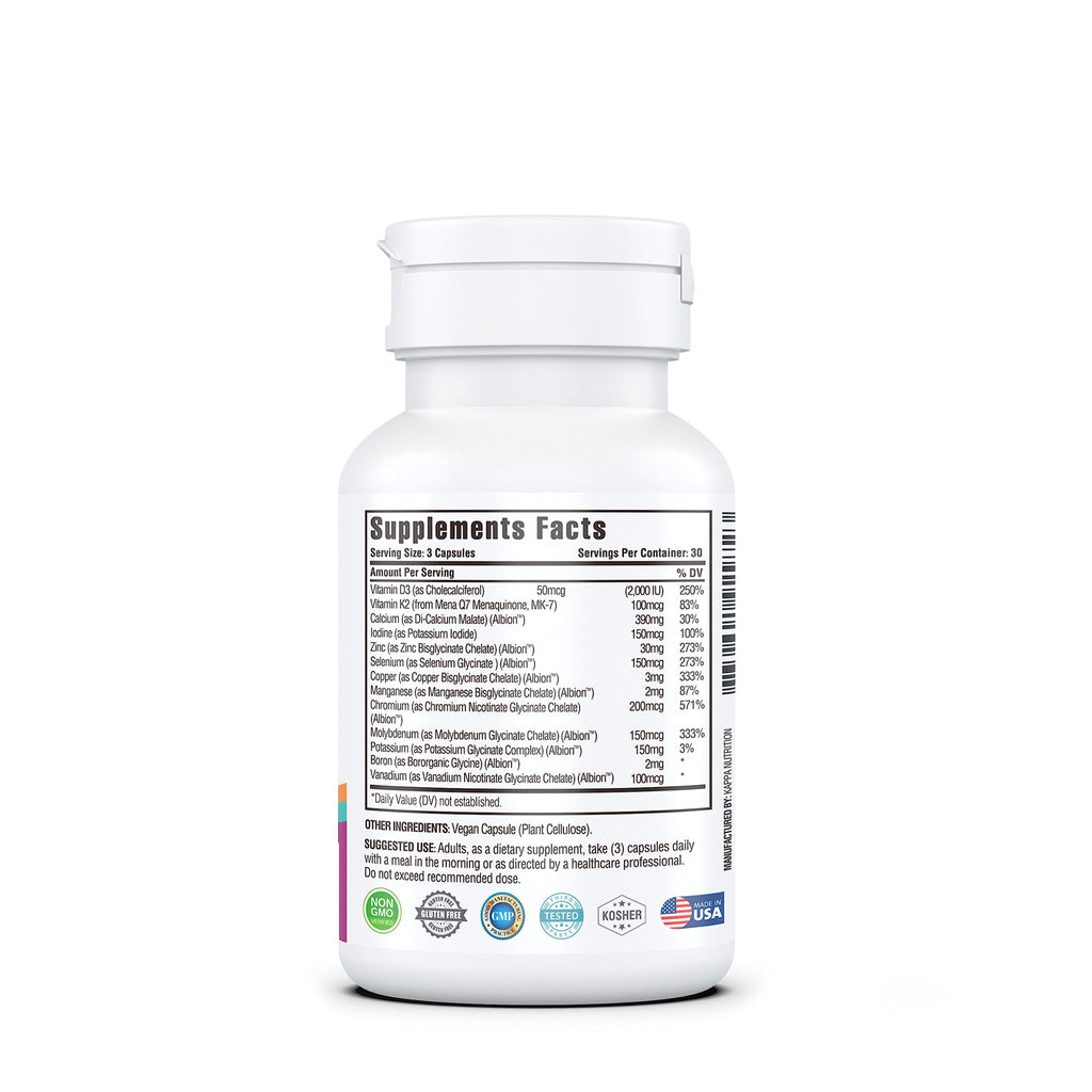 KAPPA NUTRITION Mineral 13 in 1 Advanced Complex with Albion® Chelated Minerals & MenaQ7® MK-7 Vitamin K2 | Calcium, Zinc, Selenium, Chromium, Iodine & Trace Minerals | 90 Vegan Capsules