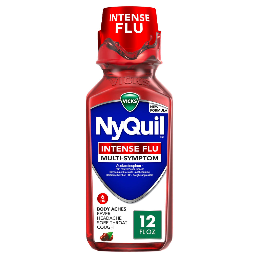 Buy now Vicks NyQuil Intense Flu Liquid, Over-the-Counter, Multi-Symptom, Nighttime Relief for Body Aches, Fever, Headache, Sore Throat, Sneezing, Runny Nose, and Cough, 6 Hour Relief, Cherry Flavor, 12 FL OZ at indiglob india
