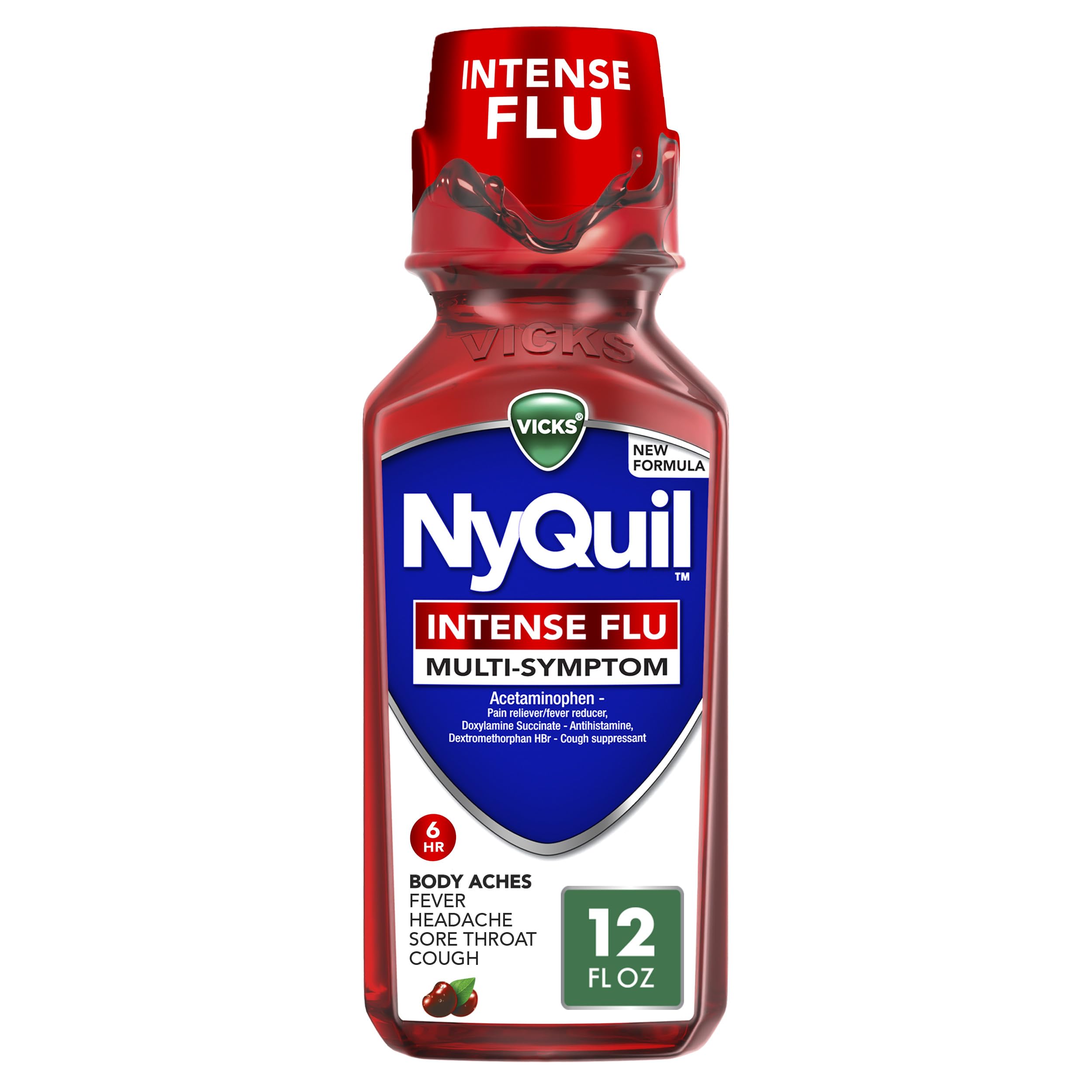 Buy now Vicks NyQuil Intense Flu Liquid, Over-the-Counter, Multi-Symptom, Nighttime Relief for Body Aches, Fever, Headache, Sore Throat, Sneezing, Runny Nose, and Cough, 6 Hour Relief, Cherry Flavor, 12 FL OZ at indiglob india
