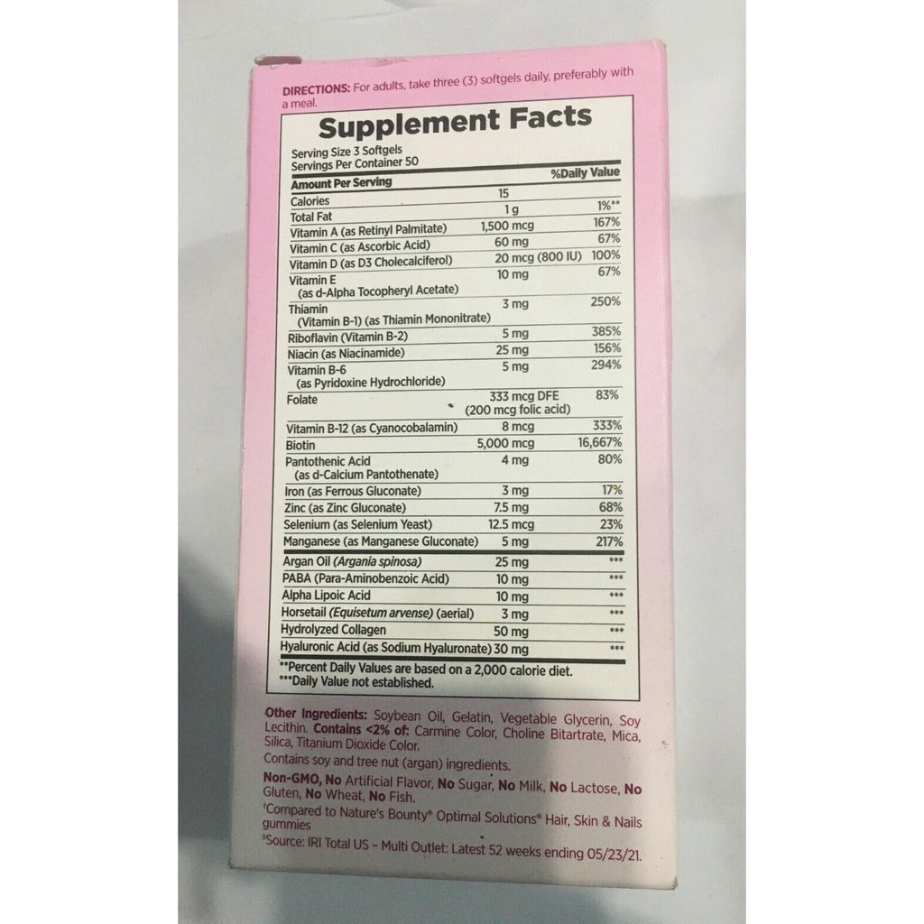 Nature's Bounty Optimal Solutions Extra Srength Hair Skin & Nails 5000 mcg of Biotin, Softgels 150 ea (Pack of 3)