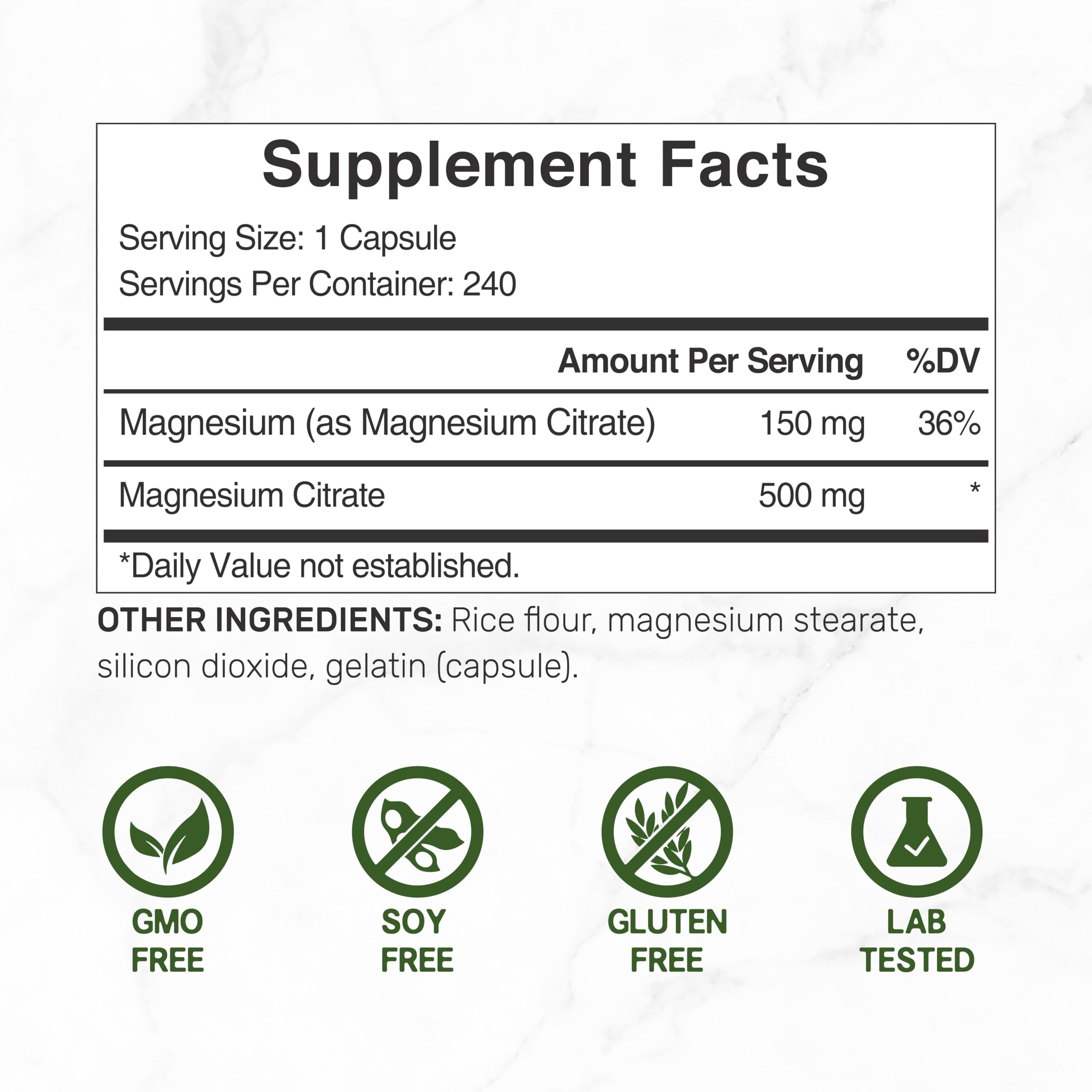 Deal Supplement Magnesium Citrate 500mg, 240 Capsules | One a Day, Easily Absorbed, Purified Trace Mineral – Non-GMO