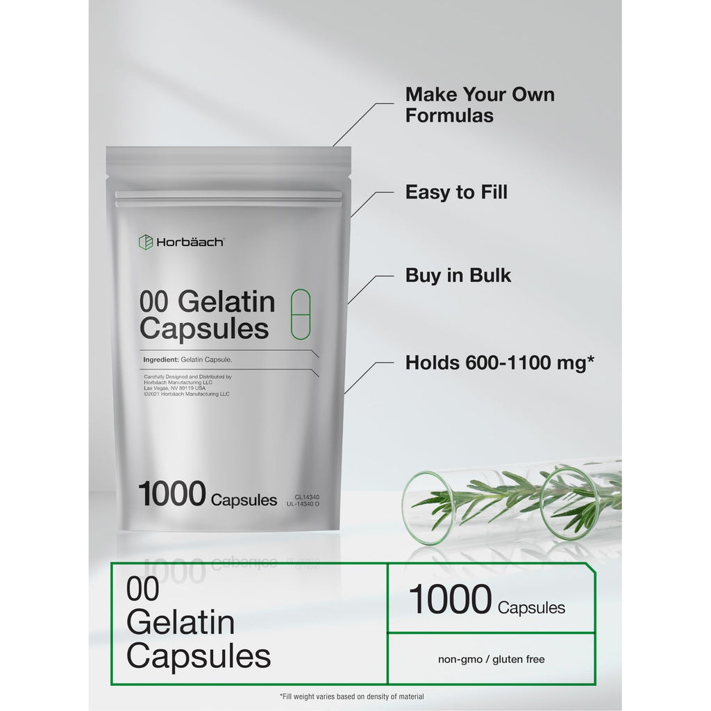 Empty Capsules Size 00 | 1000 Clear Gelatin Capsules | Resealable Bag | Non-GMO, Gluten Free | By Horbaach