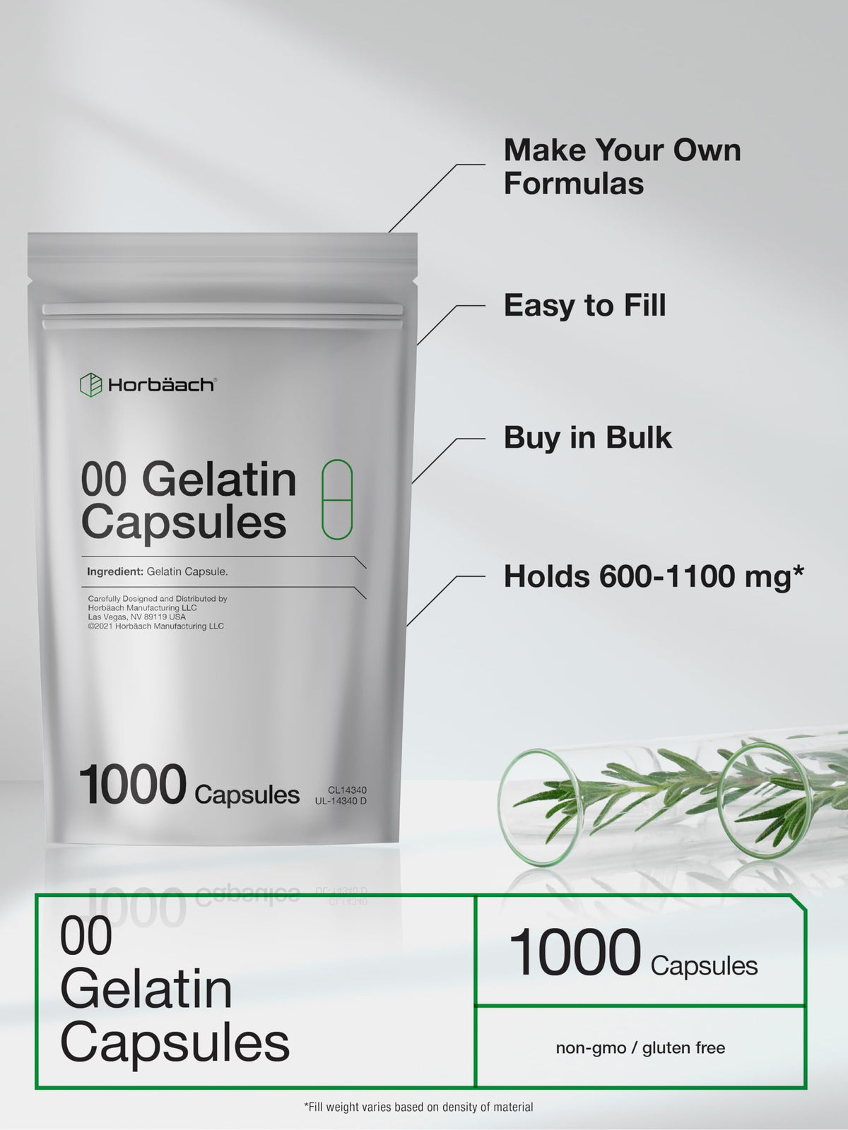 Empty Capsules Size 00 | 1000 Clear Gelatin Capsules | Resealable Bag | Non-GMO, Gluten Free | By Horbaach