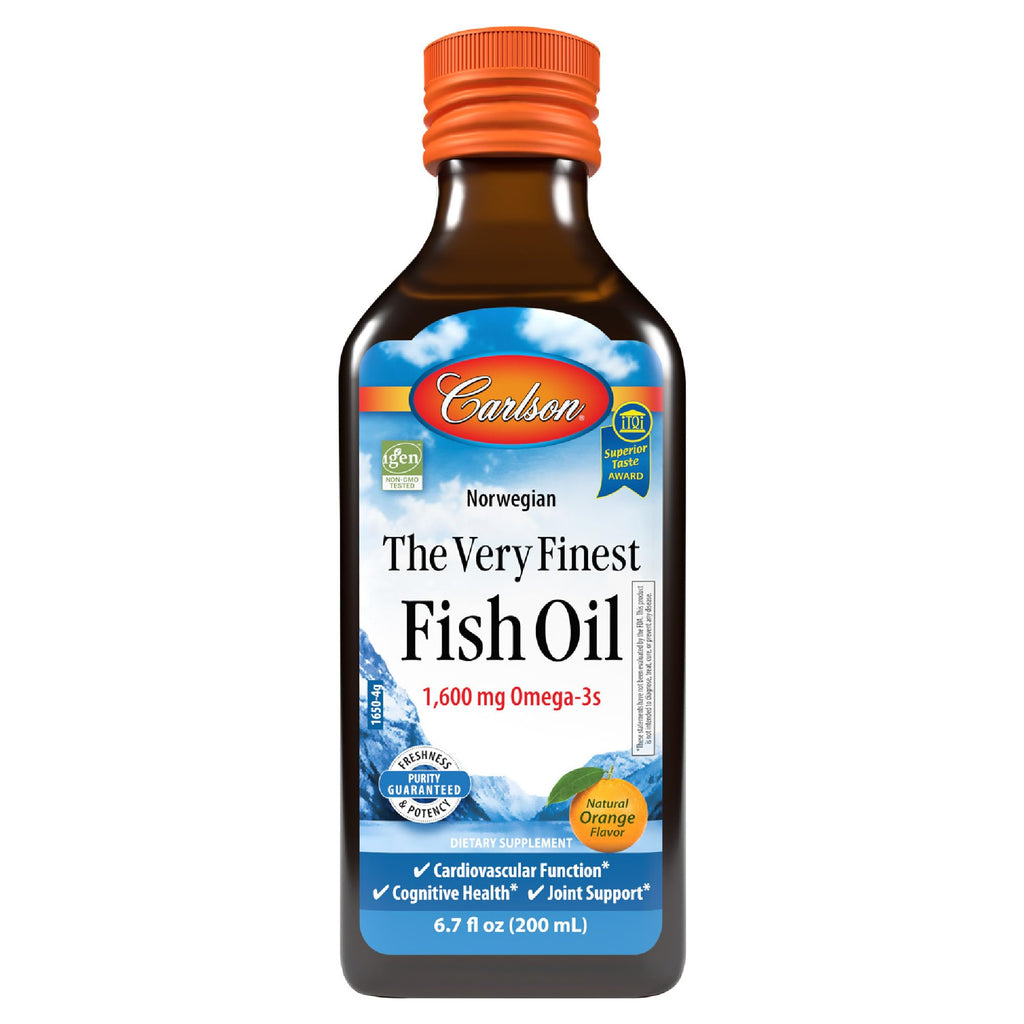 Carlson The Very Finest Fish Oil, 1600 mg, Omega-3s, 200 mL (6.7 Fl Oz) | Orange; Liquid Fish Oil Supplement; Norwegian Fish Oil; Wild-Caught; Sustainably Sourced Fish Oil Liquid