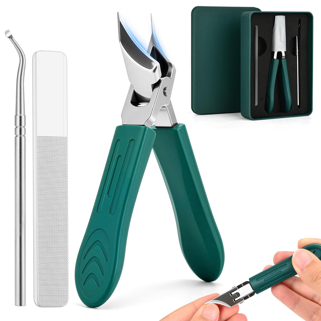 Upgraded Eagle Beak Beveled Nail Clippers, Long Handle Wide Jaw Slanted Nail Clipper, Eagle Beak Angled Edge Nail Clippers 3-Piece Set, Wide Jaw Opening Anti-Splash Nail Clipper for Men Women(Green)
