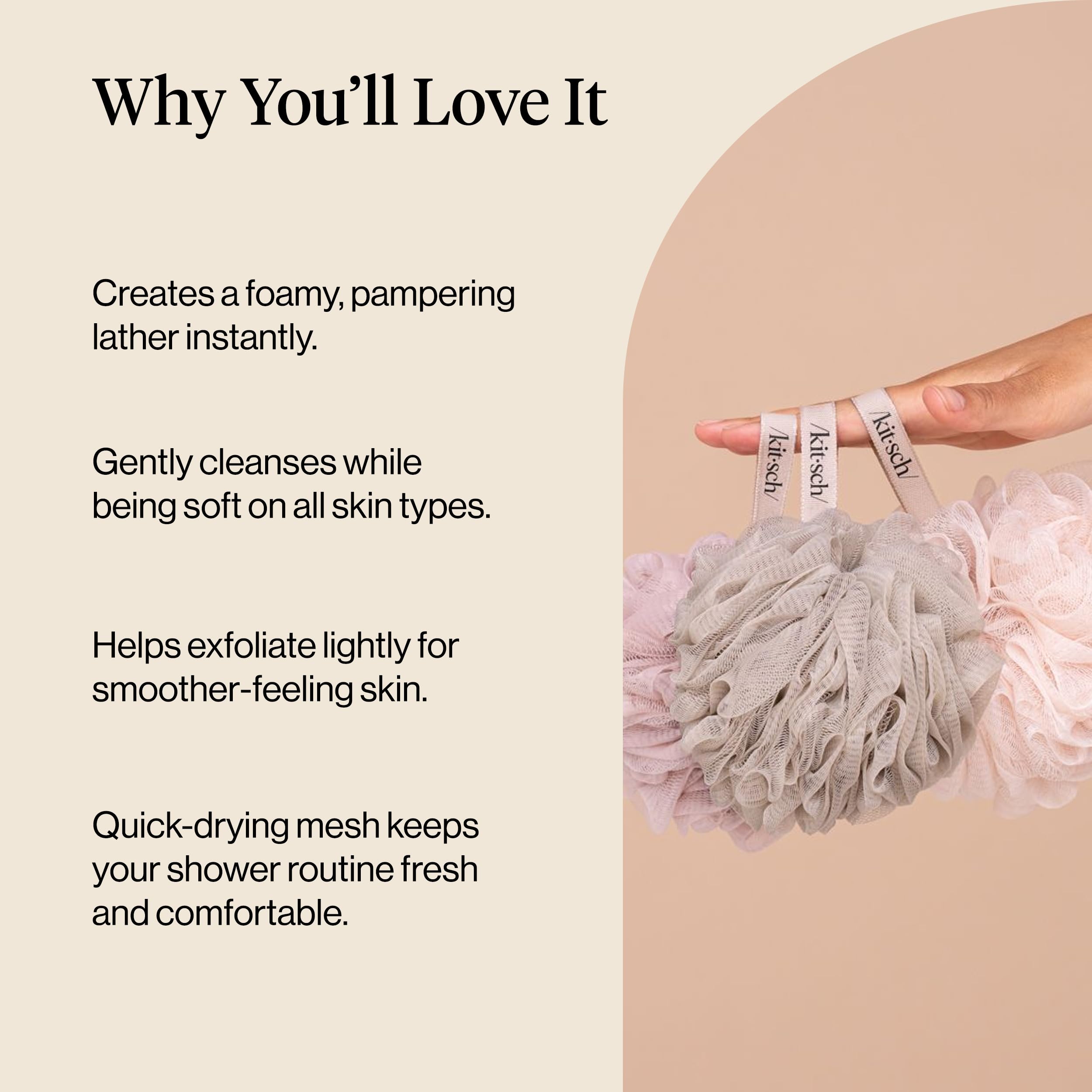 Kitsch Shower Loofah – Soft Mesh Body Scrubber & Bath Sponge - 3pc Set | for Daily Gentle Cleansing – Durable Loofah for Men and Women with Hanging Loop – Eco-Friendly, 100% PCR Material