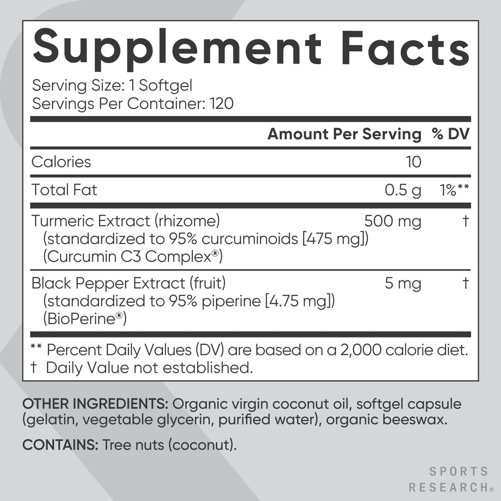 Sports Research® Turmeric Curcumin w/Coconut Oil & BioPerine® - 120 Count | Made with Curcumin C3 Complex® 500mg | Standardized to 95% Active Curcuminoids | Non-GMO, Gluten-Free - 120 Softgels