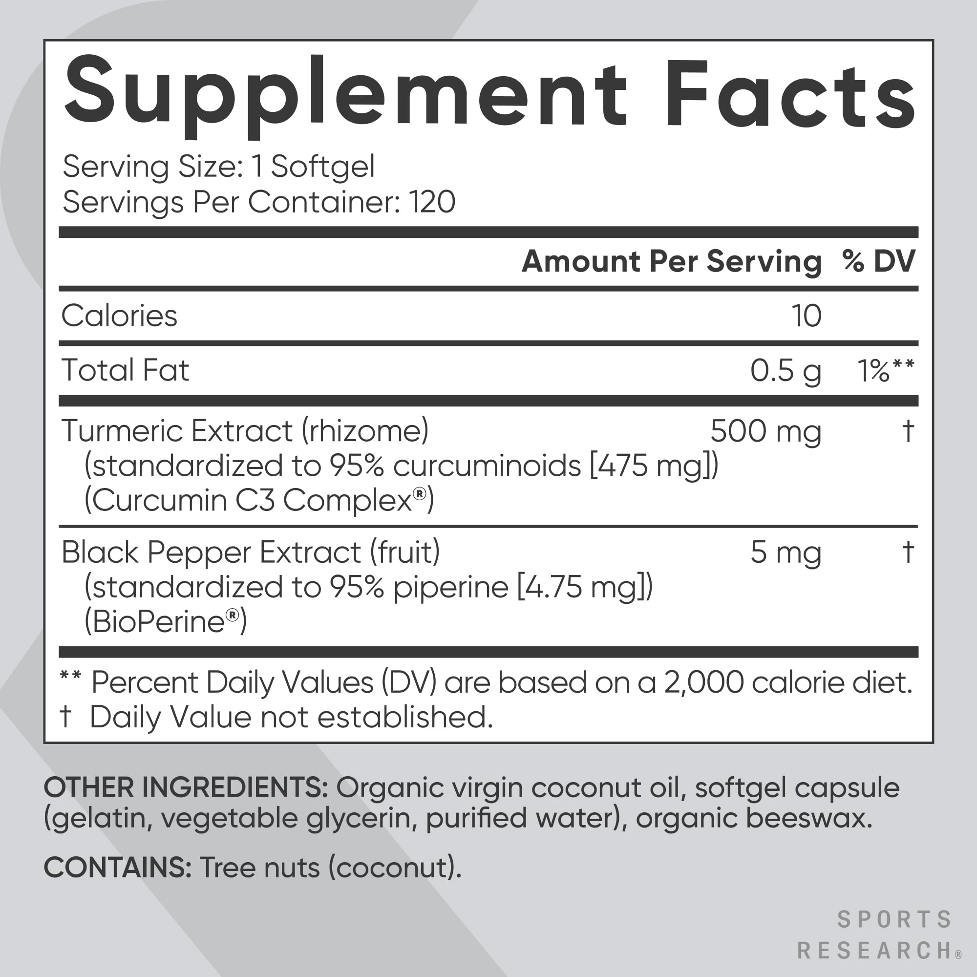 Sports Research® Turmeric Curcumin w/Coconut Oil & BioPerine® - 120 Count | Made with Curcumin C3 Complex® 500mg | Standardized to 95% Active Curcuminoids | Non-GMO, Gluten-Free - 120 Softgels