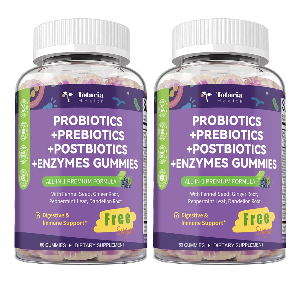 Totaria Sugar Free 5-in-1 Probiotic Prebiotic Postbiotic Gummy, 36 Strains Probiotics for Women Men with Fiber, Digestive Enzymes, Peppermint, Complete Immune, Gut & Digestive Support, Vegan, 60 Ct