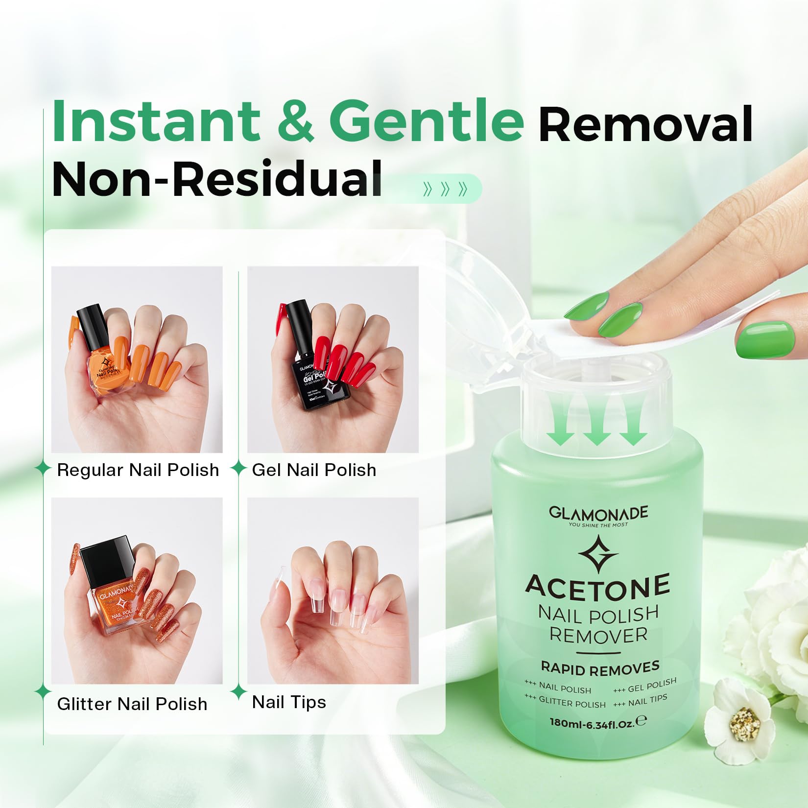 Glamonade Acetone Nail Polish Remover: Gel Polish Remover for Removal of Quick Dry Nail Polish/Gel Polish/Glitter Polish/Nail Tips | Aloe Vera Scent with Easy Push-Down Pump(6.34 Fl Oz)