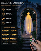 Halloween Decorations Outdoor - 5 FT Large Hanging Swing Ghost Halloween Decor with String Lights, Spooky Cute Ghosts Decorations for Front Porch Yard Tree