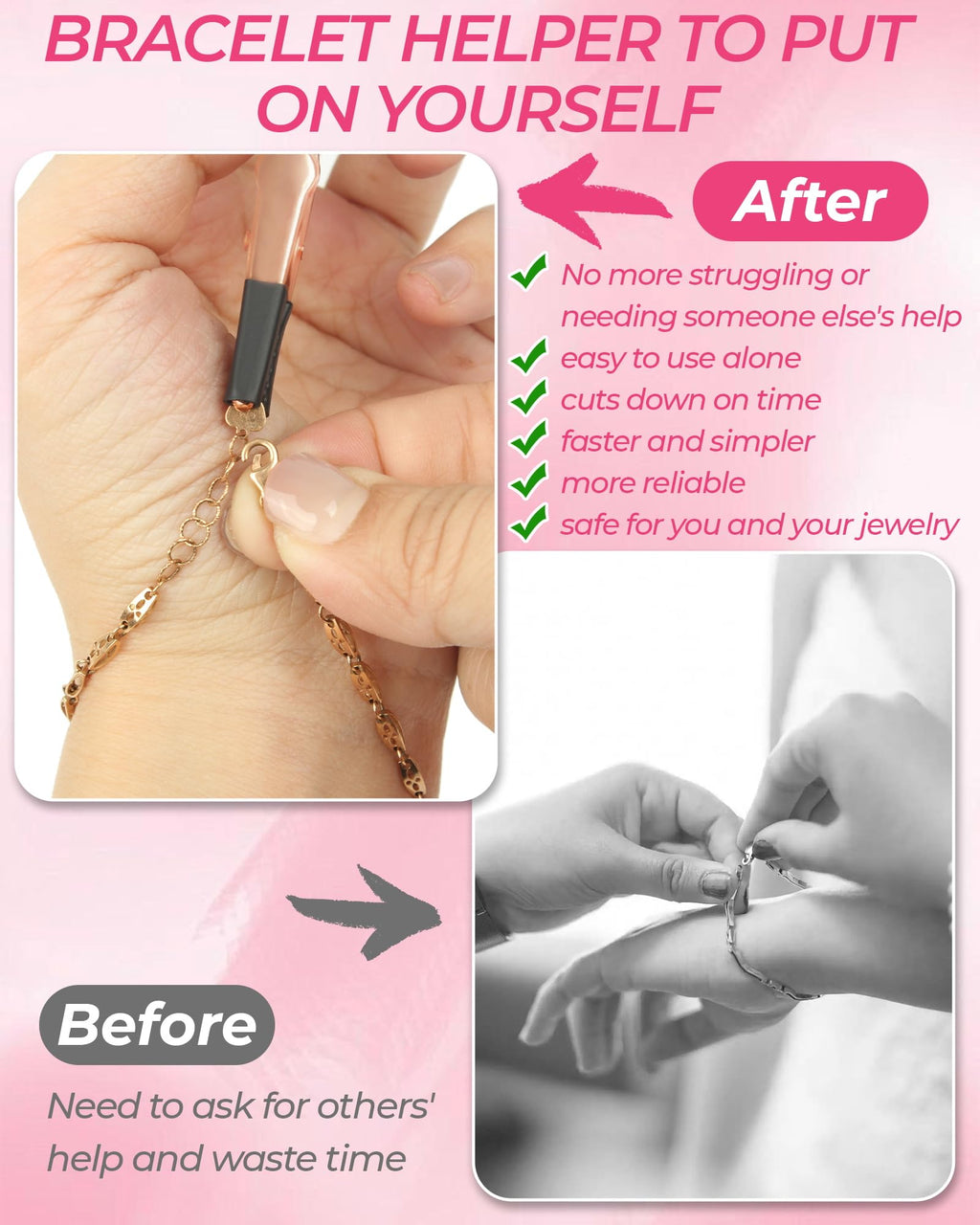 4 PCS Bracelet Helper Tool, Quick Release Fastener Helpers Tool Hooks for Necklace, Jewelry, Watch, Portable Bracelet Assistance Tool to Put on Yourself, Clip, Clasp Helper with Non-Slip Rubber Tips.