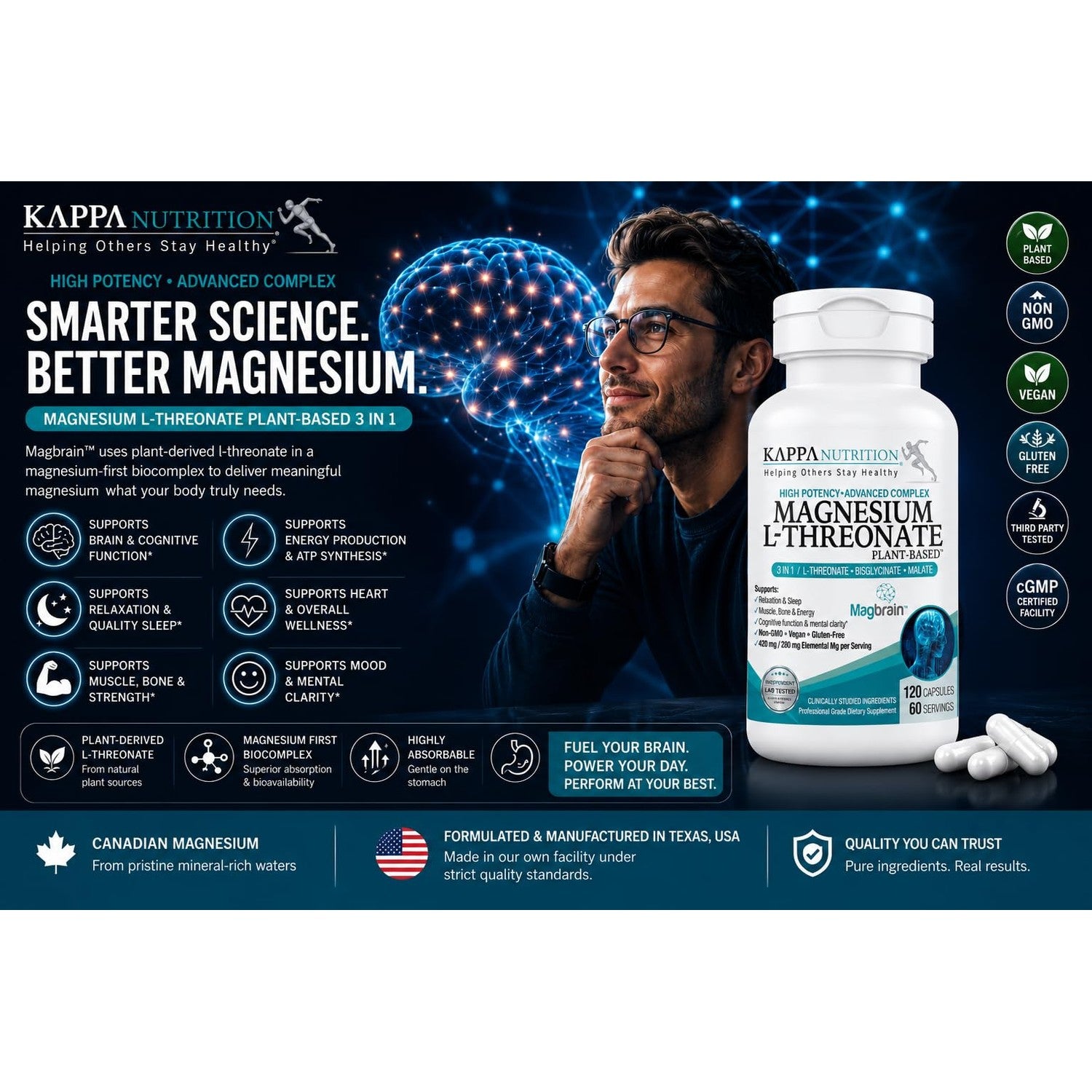 Kappa Nutrition Powered by Magbrain™ Magnesium L-Threonate Plant-Based, 420mg Elemental Magnesium (3 Capsules) from 2,253mg, 120 Vegan Capsules, Brain, Sleep & Muscle Support.