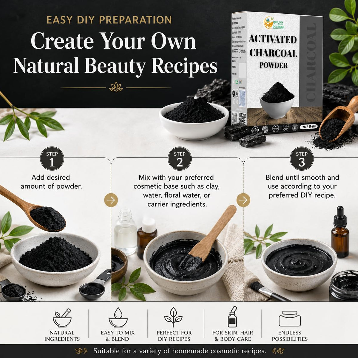 Herbs Botanica Activated Charcoal Powder, Food Grade, 2 oz
