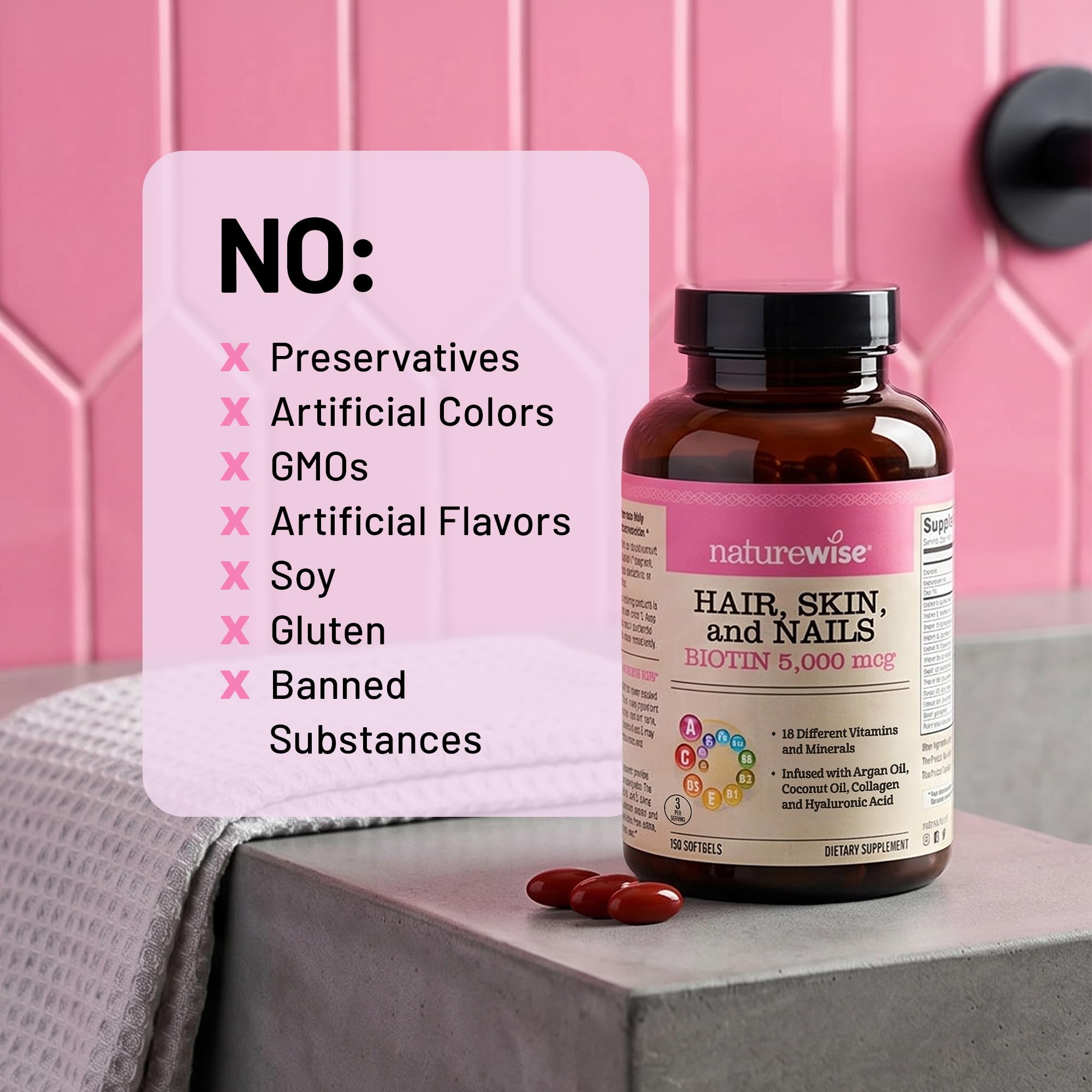NatureWise Hair Skin and Nails Vitamin, Biotin 5000mcg w/Hyaluronic Acid, Collagen for Women with C, B Complex, D3, A, E, Iron - Non-GMO, Gluten Free - 270 Softgels[3-Month Supply]