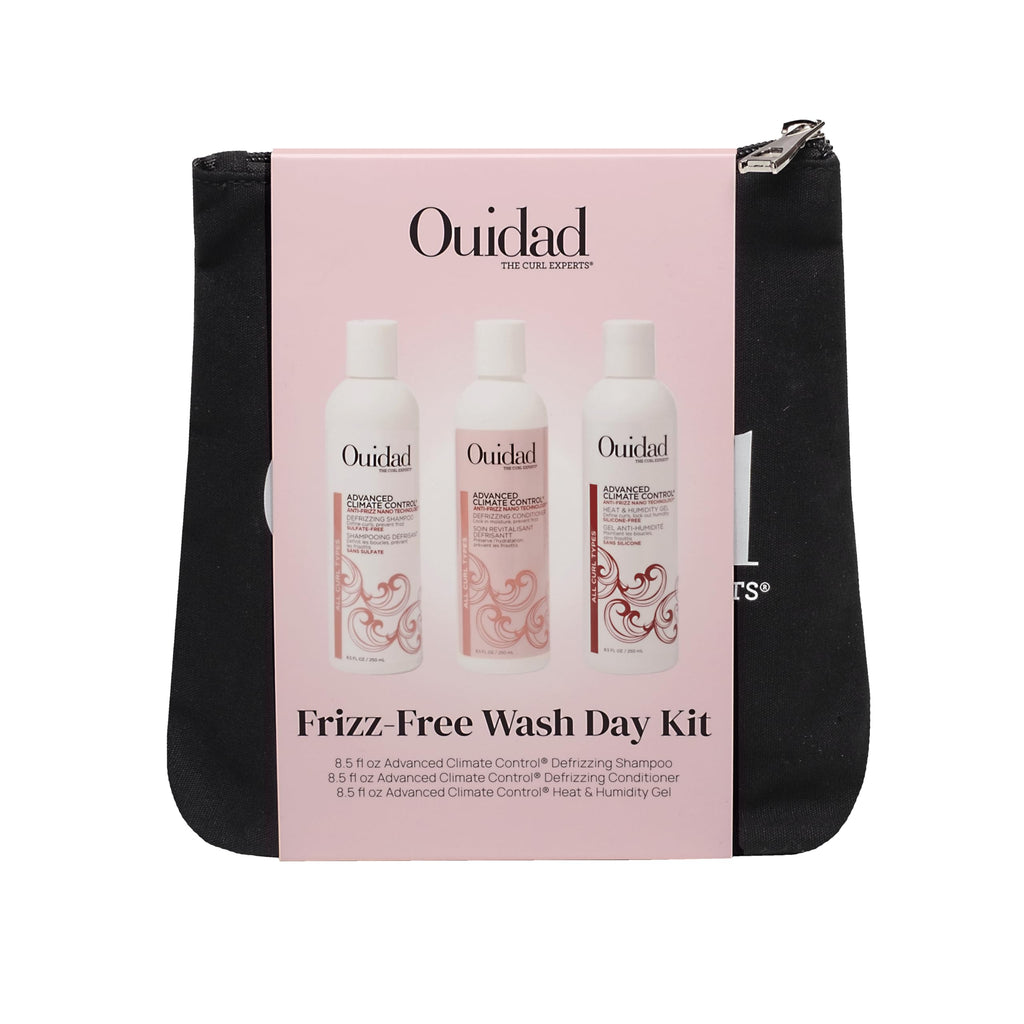 Ouidad Frizz-Free Wash Day Hair Care Kit for Curly Hair, Anti-Frizz Advanced Climate Control Shampoo, Conditioner & Gel, Defines Curls, Fights Humidity, Adds Shine – Includes Canvas Bag, 3-Piece Set
