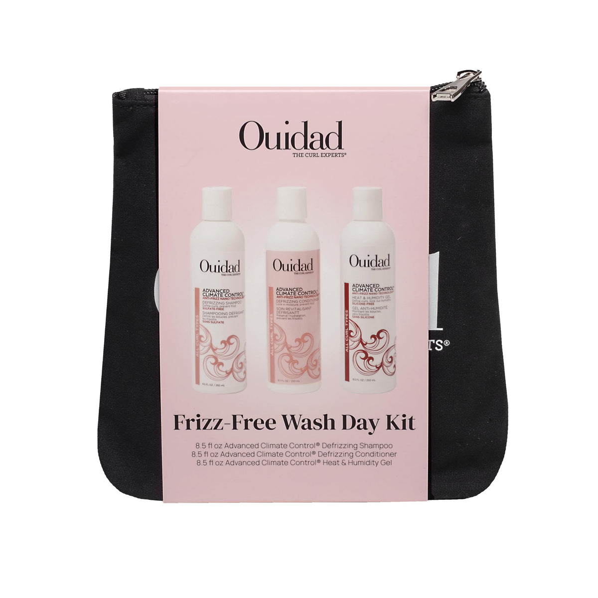 Ouidad Frizz-Free Wash Day Hair Care Kit for Curly Hair, Anti-Frizz Advanced Climate Control Shampoo, Conditioner & Gel, Defines Curls, Fights Humidity, Adds Shine – Includes Canvas Bag, 3-Piece Set