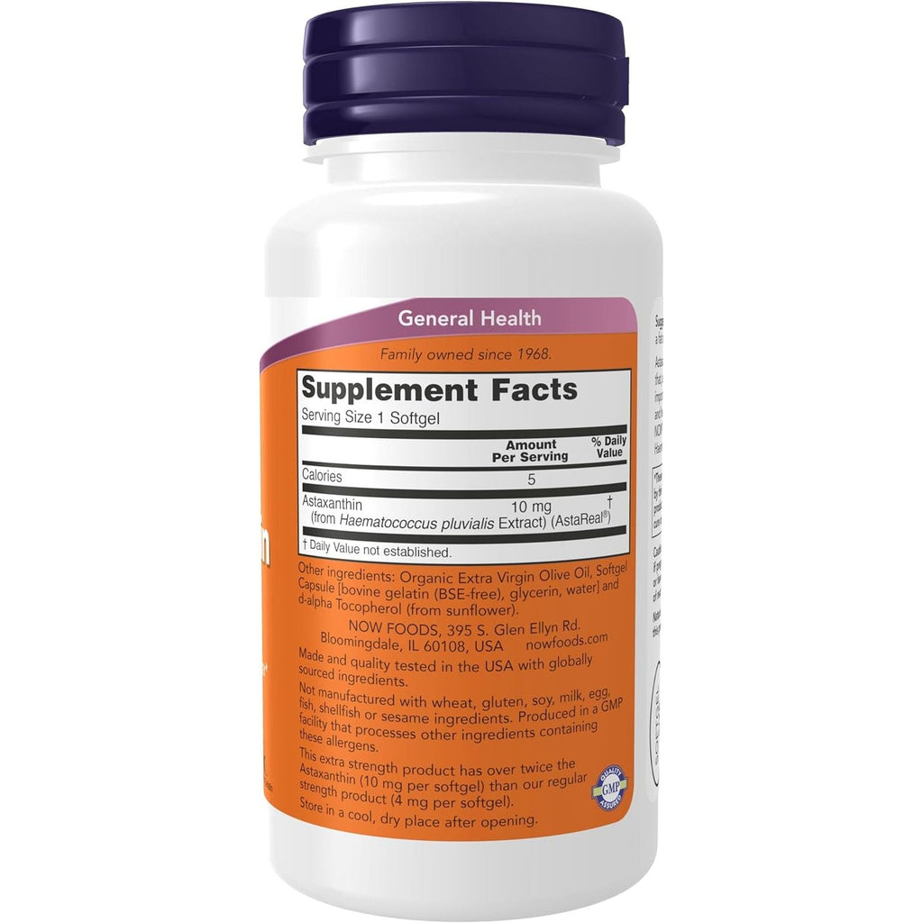 Buy now NOW Foods Supplements, Astaxanthin 10mg, Extra Strength,derived from Non-GMO Haematococcus Pluvialis Microalgae and has naturally occurring Lutein, Canthaxanthin and Beta-Carotene, 60 Softgels at indiglob india