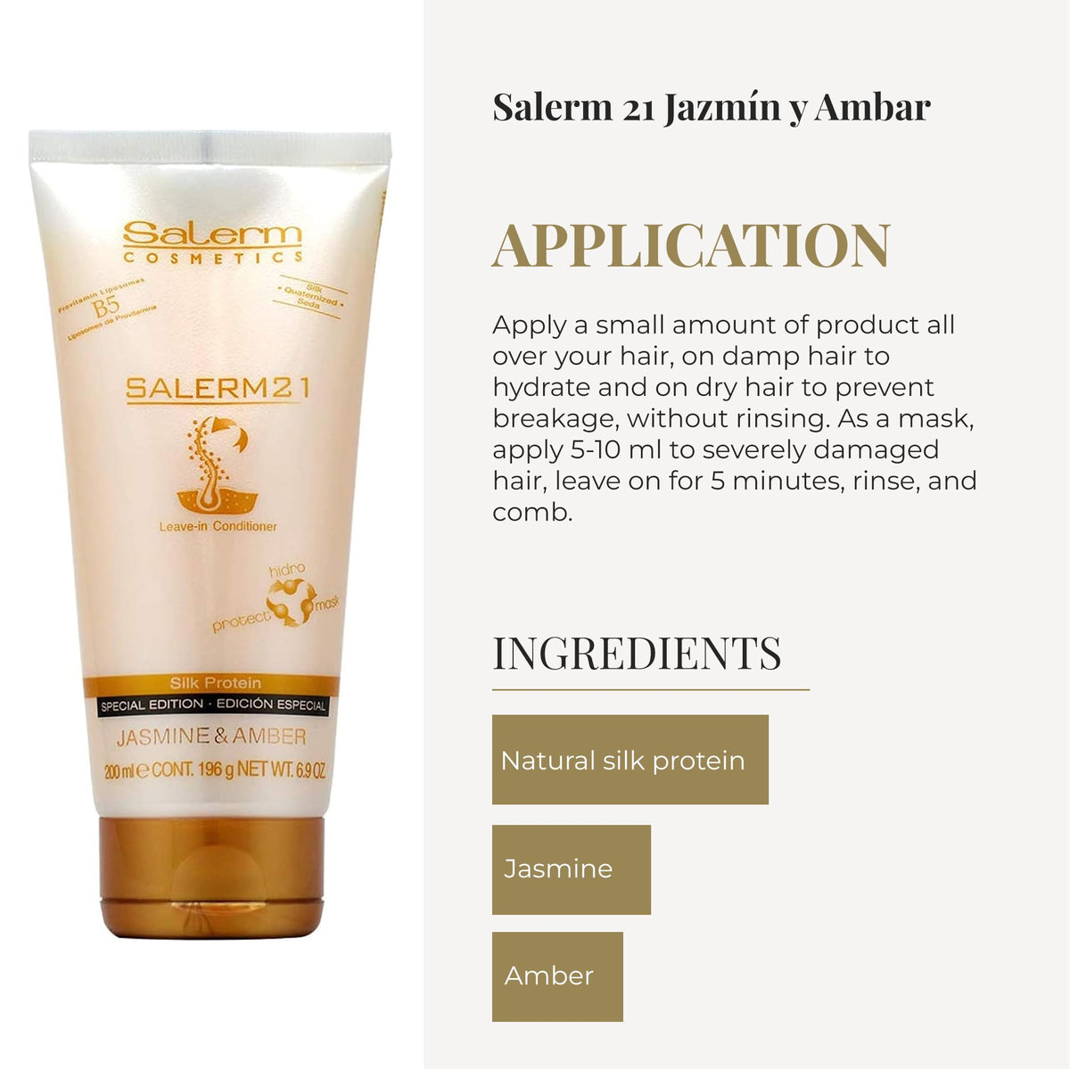 SALERM - 21 Jasmine and Amber - 200 ml - Leave-In Mask and Conditioner - with Silk Proteins - Anti-Frizz - Split Ends Repair - Deep Hydration