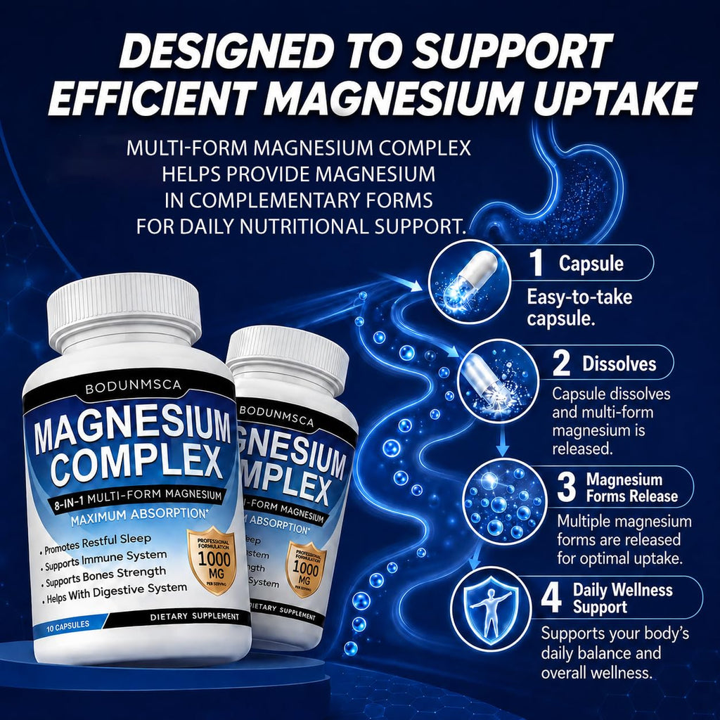 Magnesium Complex 1000mg, 8-in-1 Magnesium Supplement Capsules with Glycinate, Citrate, Malate & Taurate, Supports Muscle, Bone, Energy & Daily Wellness, for Women & Men, 180 Capsules