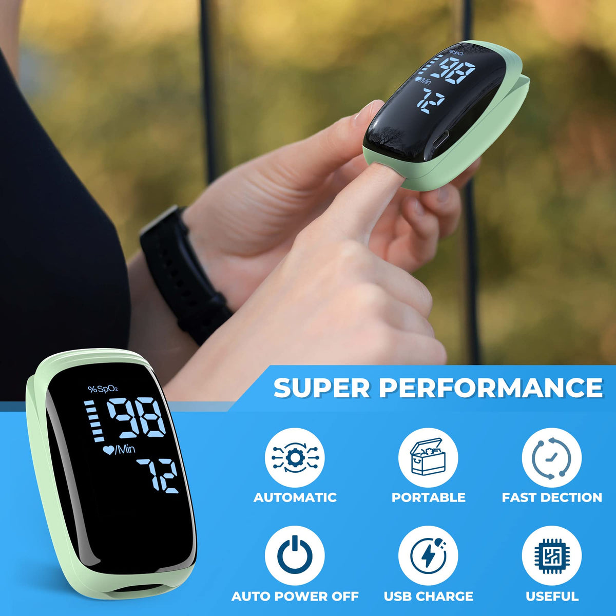 Finger Pulse Oximeter, Fingertip Blood Oxygen Saturation with Pulse Monitor Rechargeable, Accurate Spo2 Reading for Home, Outdoor Sports，Green