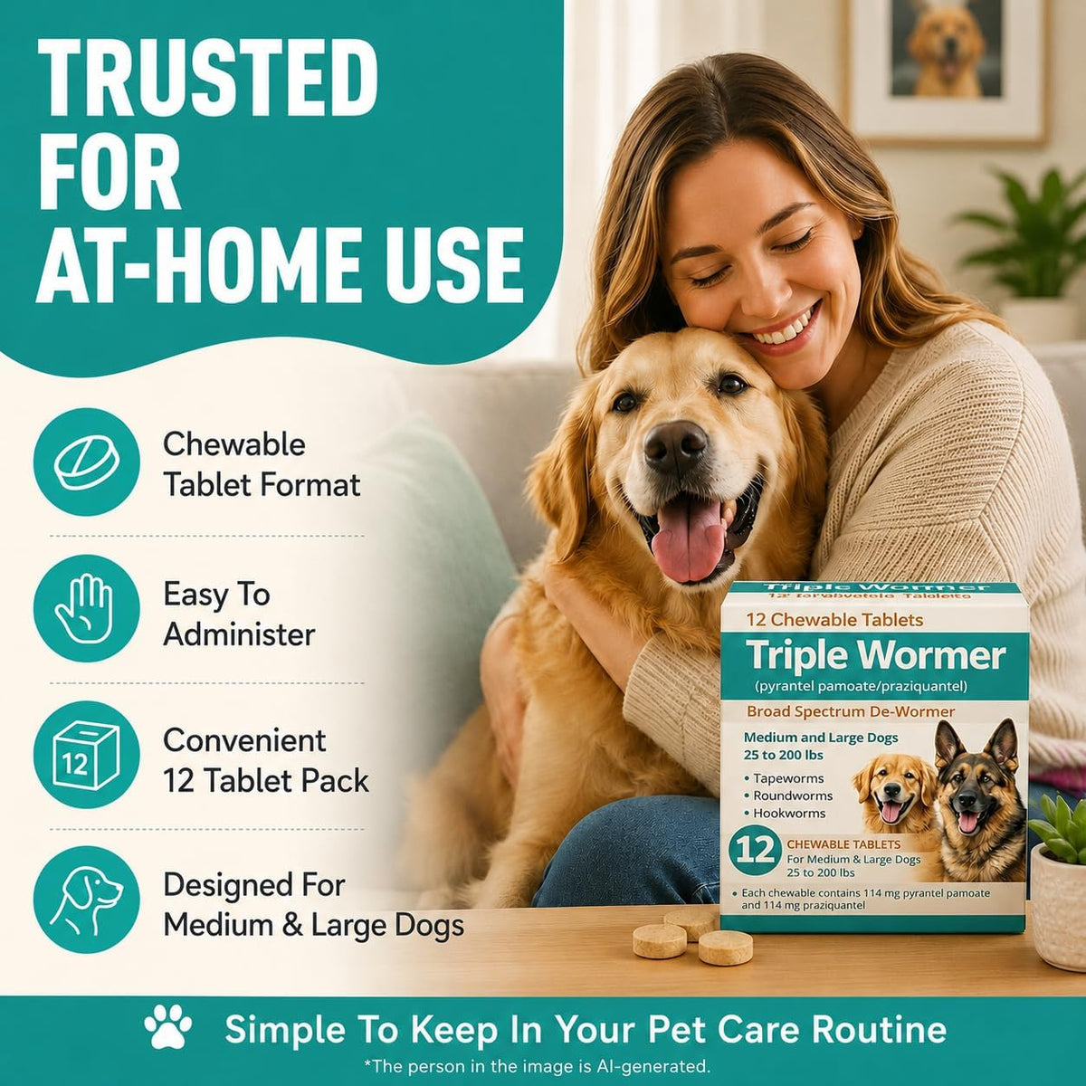 Pyrantel Pamoate and Praziquantel De-wormer Tablet for Medium & Large Dogs