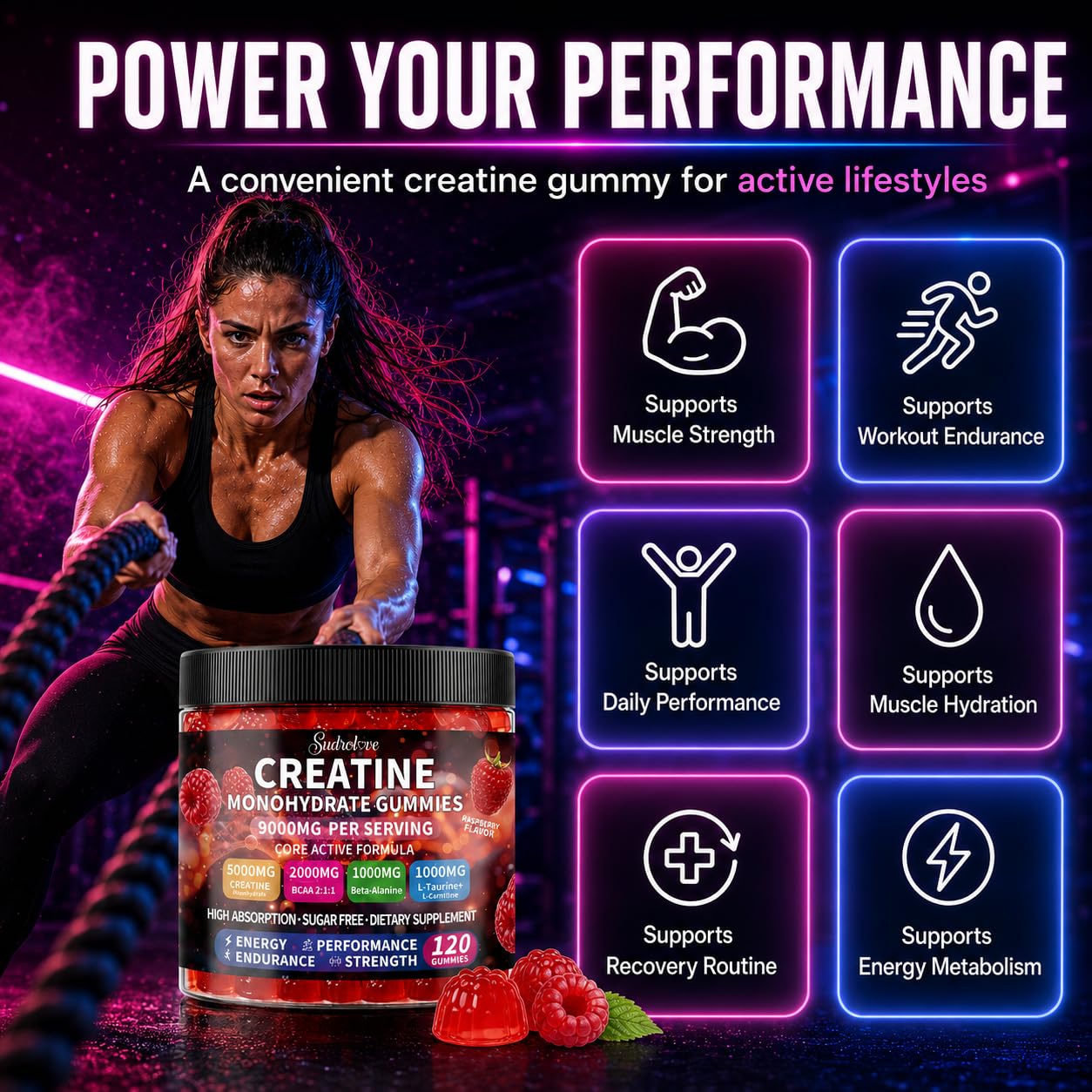 Creatine Monohydrate Gummies 5000mg for Women & Men,120 Count | Blended BCAA, Beta-Alanine, L-Taurine & L-Carnitine Plus B6 B12,Chewable Pre-Workout, Boost Stamina,Ease Muscle Soreness