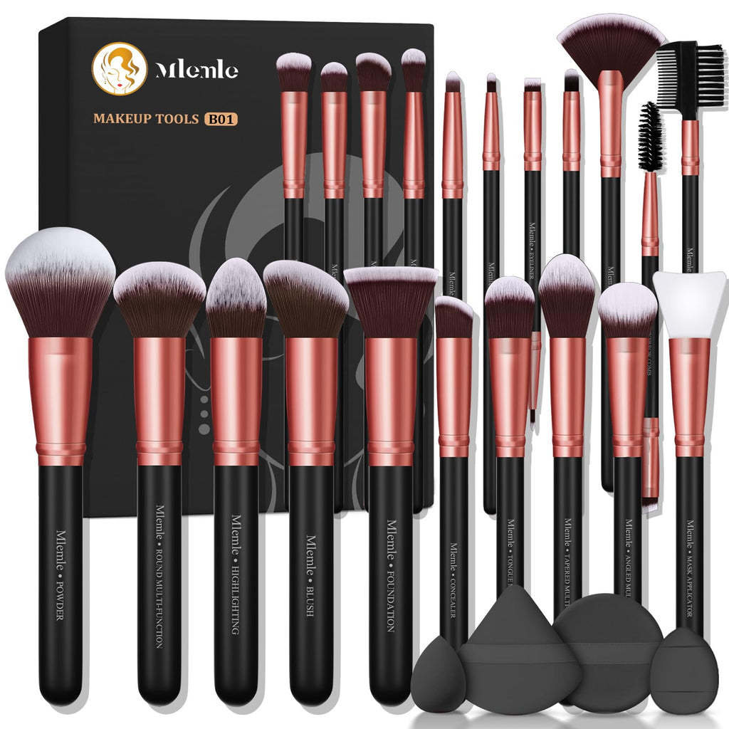 Makeup Brushes Set, Mlemle Professional 25 Pcs Makeup Kit, Include Foundation Powder Blush Concealers Eye shadows 21 Pcs Makeup Brushes and 2 Powder Puff, 2 Makeup Sponge(B01-Black)