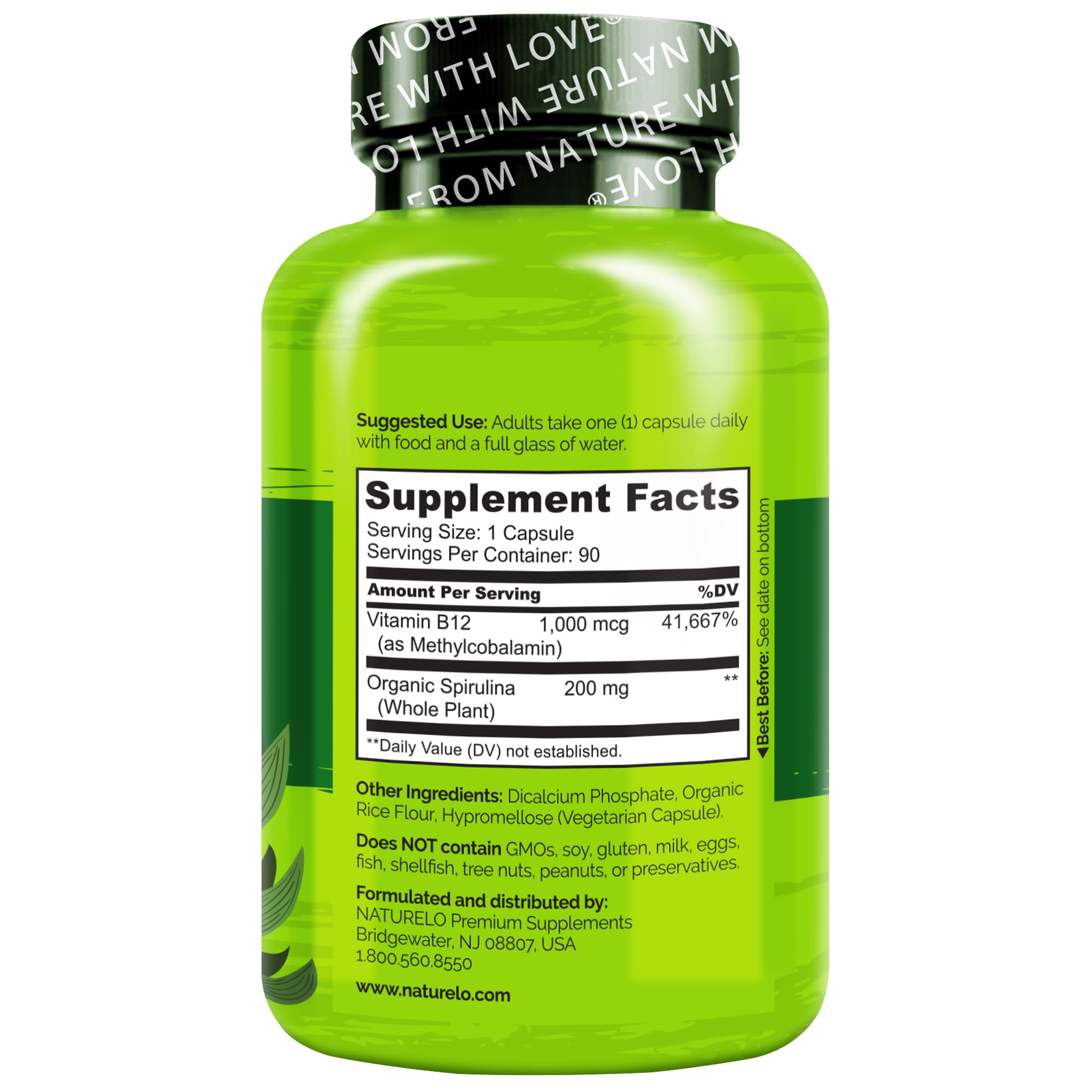 NATURELO Vegan B12 - Methylcobalamin, 90 Capsules | Organic Spirulina, Methyl B12 1000 mcg, Supports Healthy Mood, Energy, Heart & Eye Health, Vitamin B12 1000 mcg