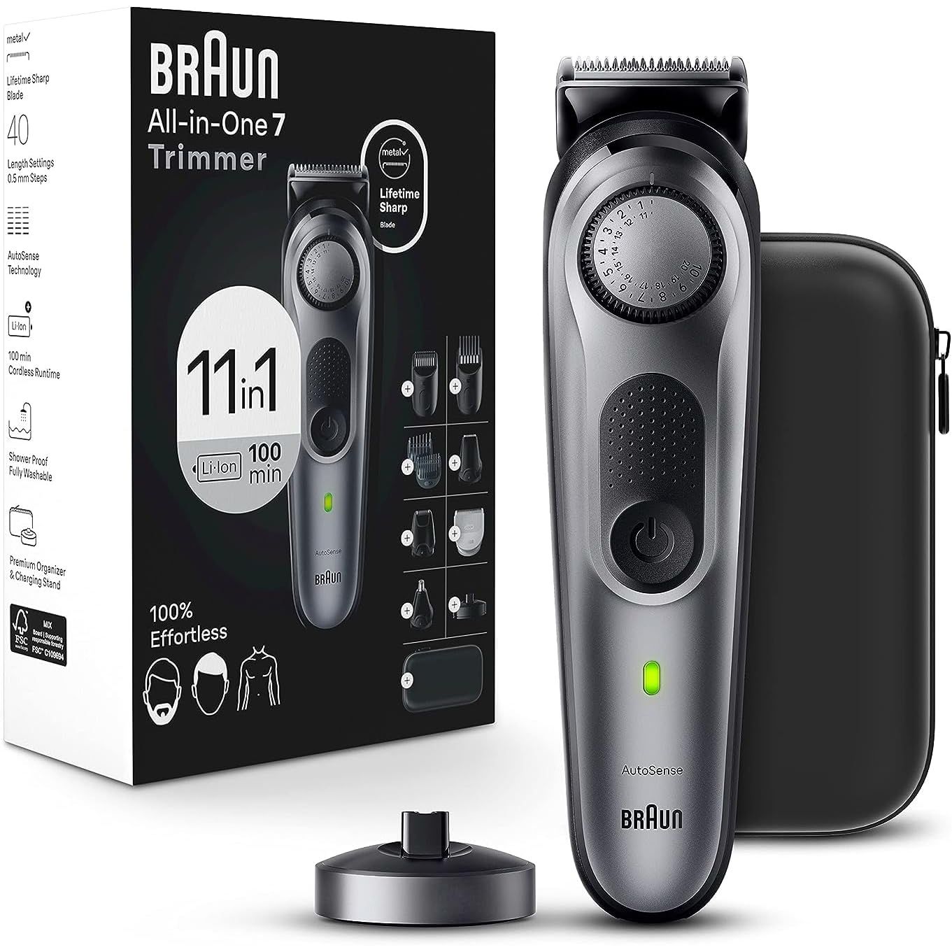 Buy now Braun All-in-One Style Kit Series 7 7410, 8-in-1 Trimmer for Men with Beard Trimmer, Body Trimmer for Manscaping, Hair Clippers & More, Sharpest Blade, 40 Length Settings, Waterproof 12 Piece Set Silver at indiglob india