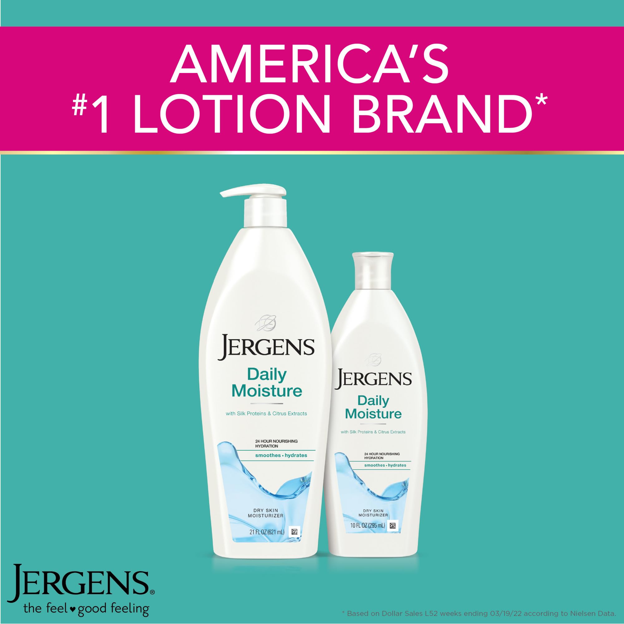 Jergens Daily Moisture Body Lotion For Dry Skin, 21 fl oz | Silk Proteins, Citrus Extracts, Instantly Relieves Roughness, Smooths Texture, Long-Lasting Moisture