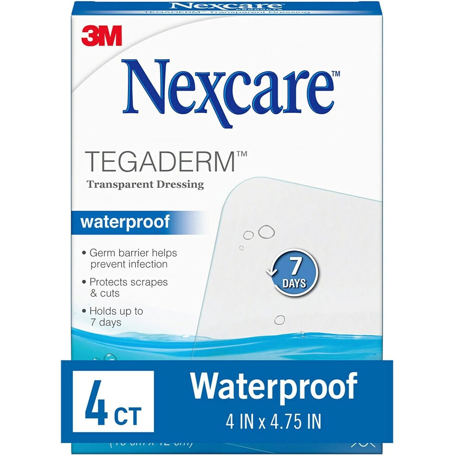 Buy now Nexcare Tegaderm Waterproof Transparent Dressing, Dirtproof, Germproof, Provides Protection To Minor Burns, Scrapes, Cuts, Blisters And Abrasions, 4 x 4.75 in, 4 Count at indiglob india