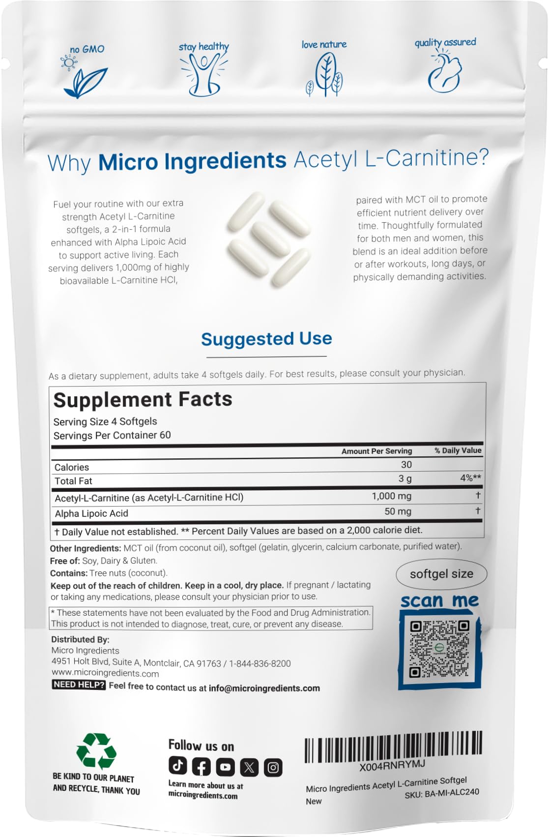 Acetyl L-Carnitine 1000mg per Serving with Alpha Lipoic Acid, 240 Softgels